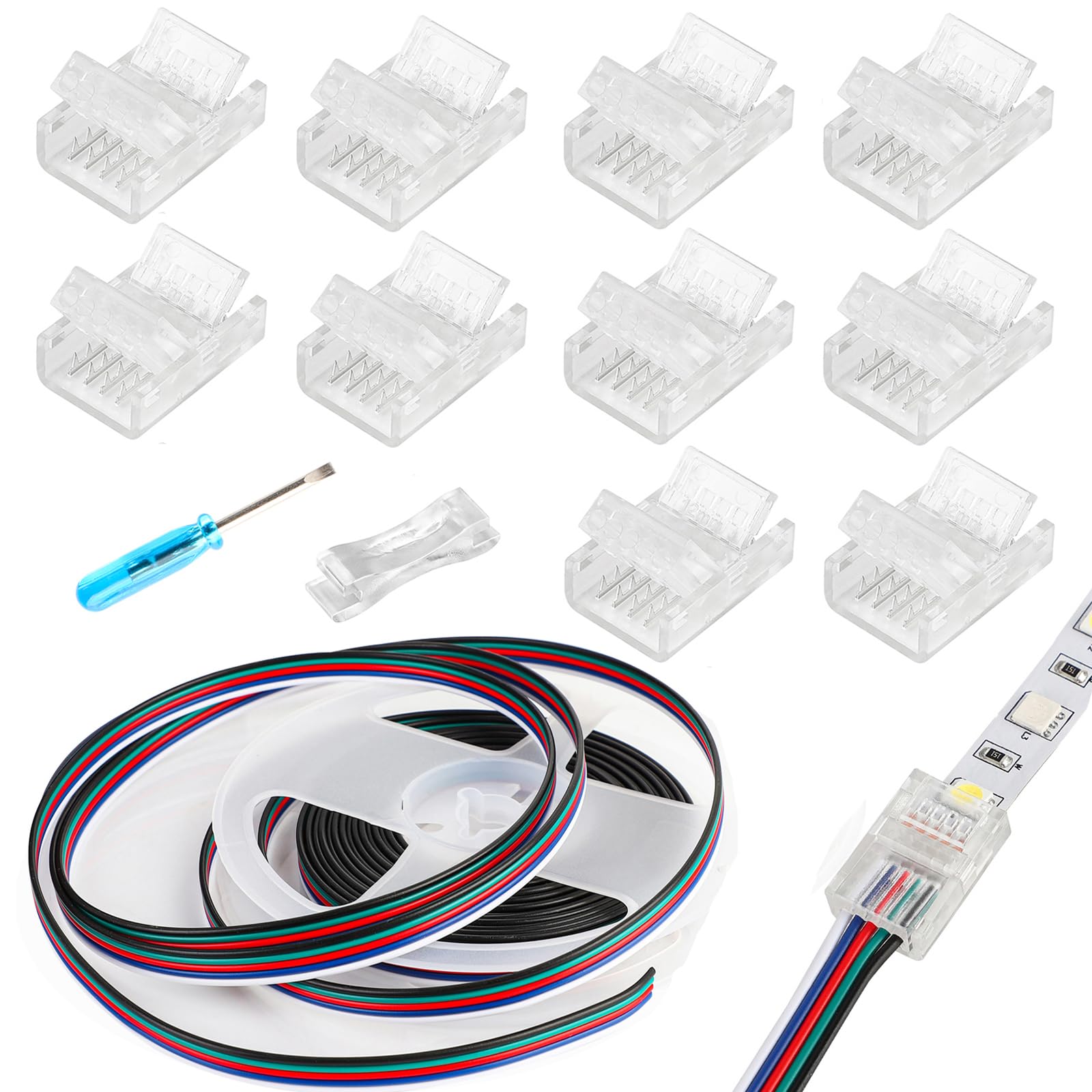 HOMELYLIFE 5 Pin LED Strip Connectors 12mm Solderless 10 Pcs with 16.4ft Extension Cable 5 Conductor for Waterproof or Non-Water