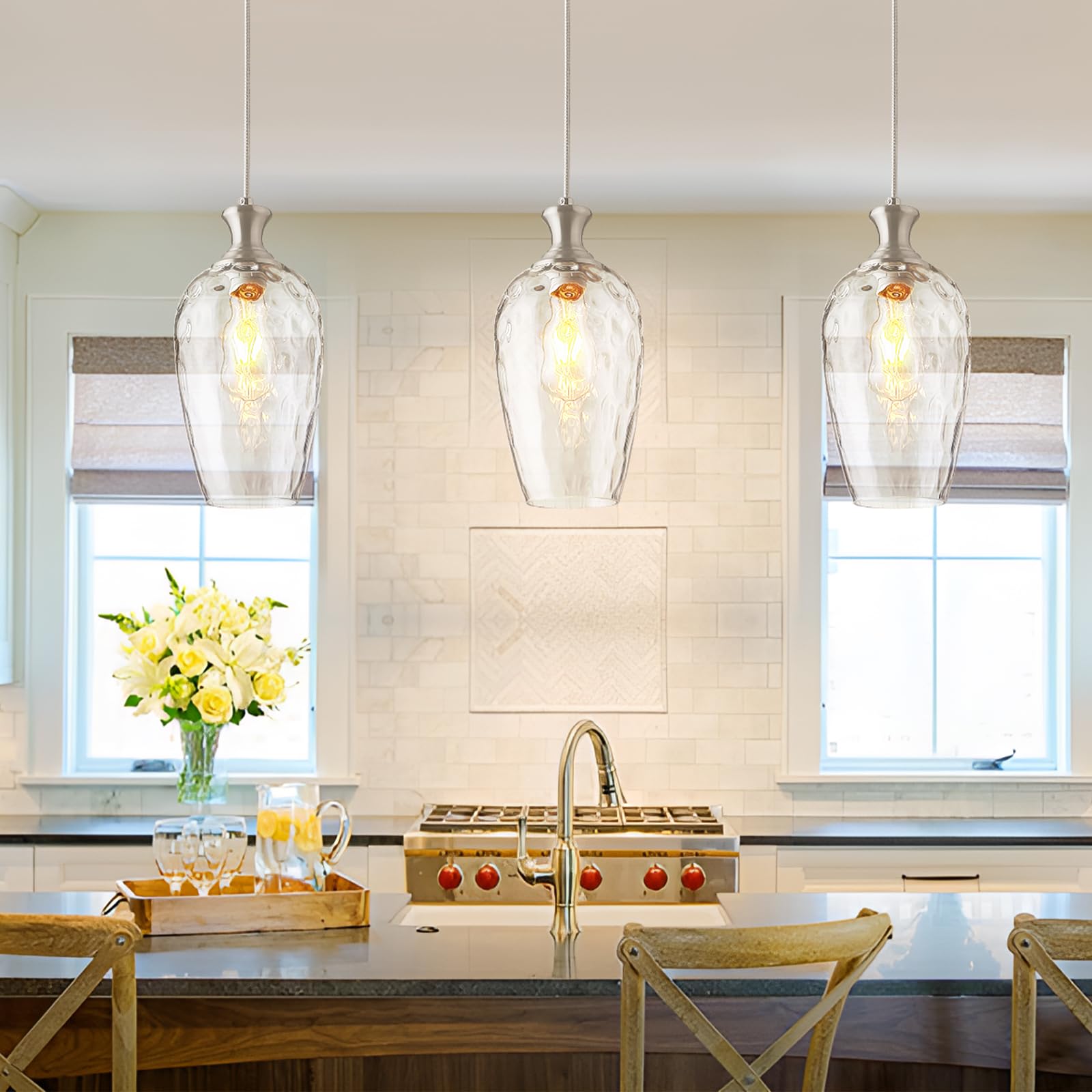 Saduenfr Glass Pendant Lights Kitchen Island 2 Pack, Brushed Nickel Pendant Light Fixtures With Hand-Blown Clear Glass, Modern H