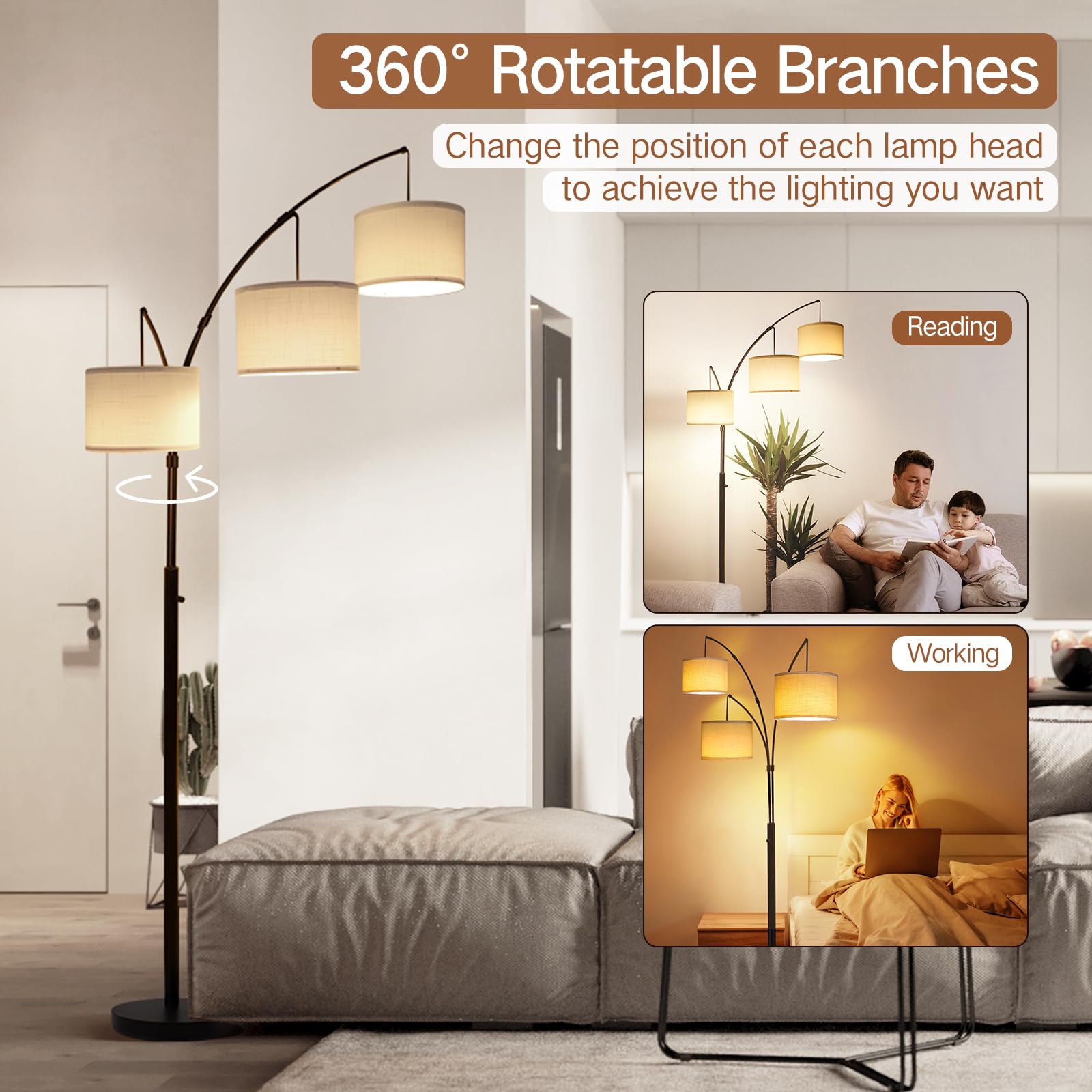 Outon Tall Arc Floor Lamp - Adjustable, Modern, 3-Light Arched Lamp For Bedroom, Office, And Living Room, 2400Lm Mid Century Flo