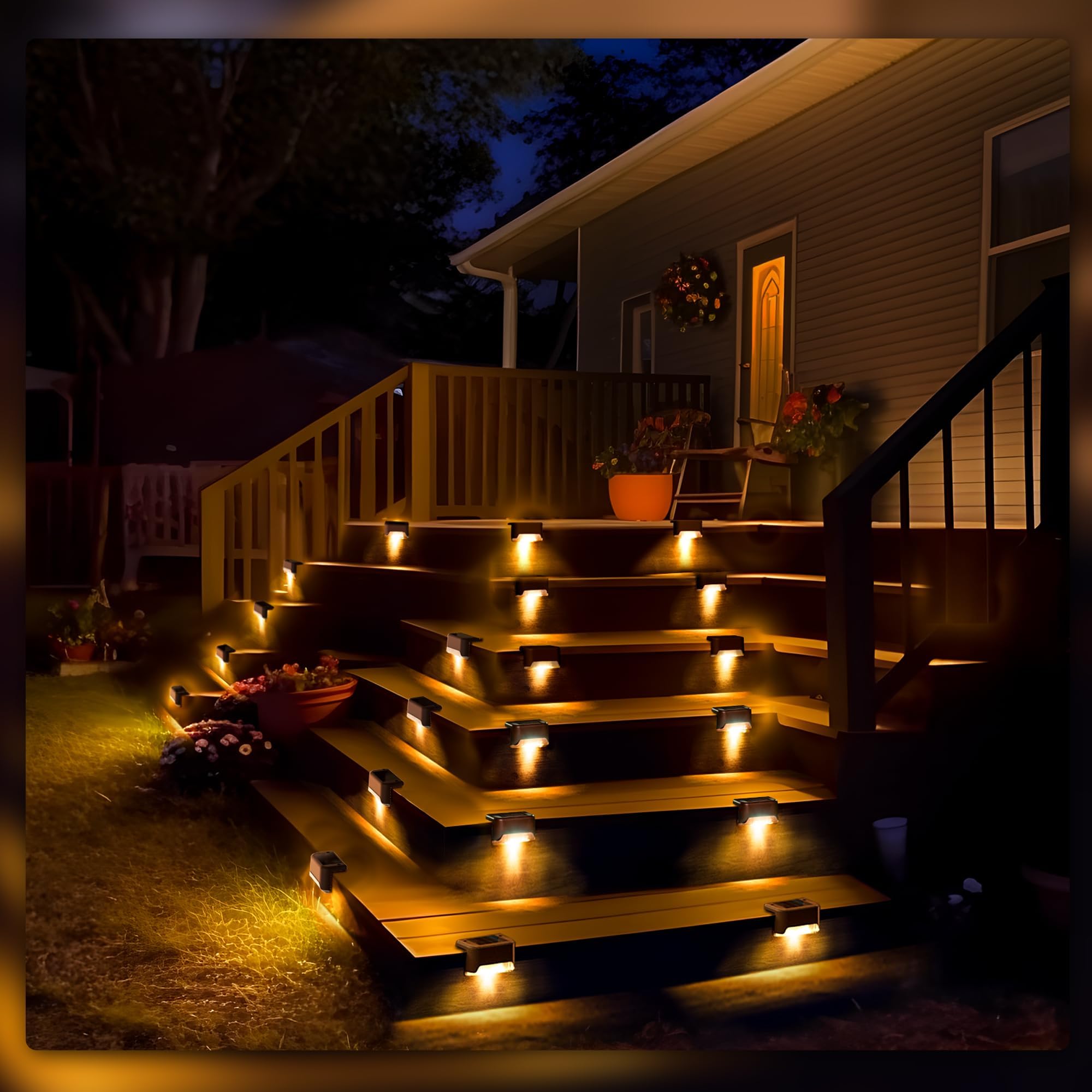 PATIOWIN Solar Deck Lights, Waterproof LED Step Lights for Outdoor Stairs, 12 Pack, Warm White, Model 9686, Brown