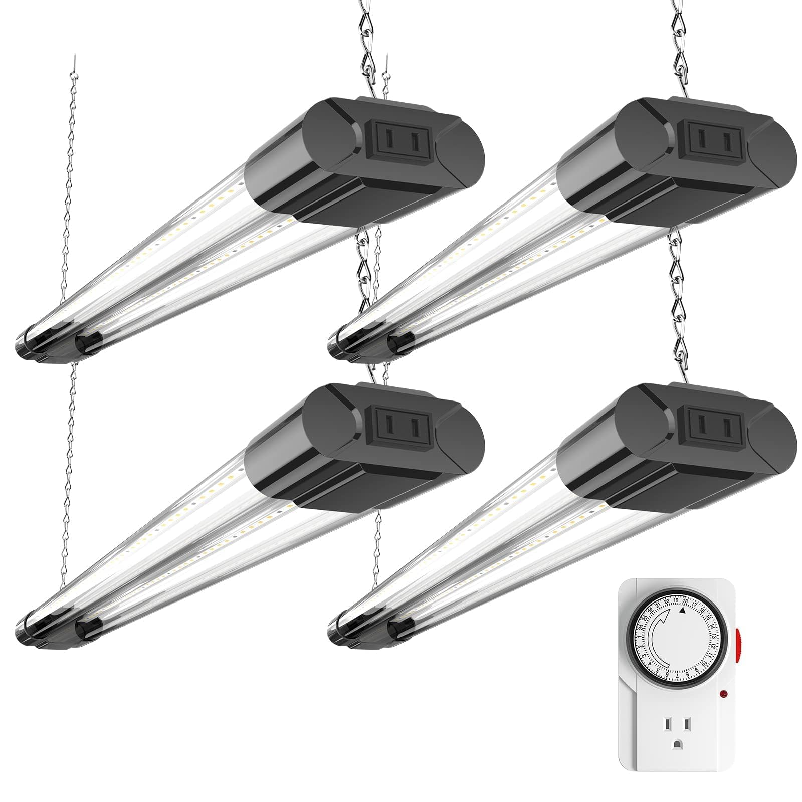 BBOUNDER 4 Pack 2ft LED Grow Light with Mechanical Outlet Timer, 80W (4x20W, 440W Equivalent), Sunlike Full Spectrum Linkable Pl