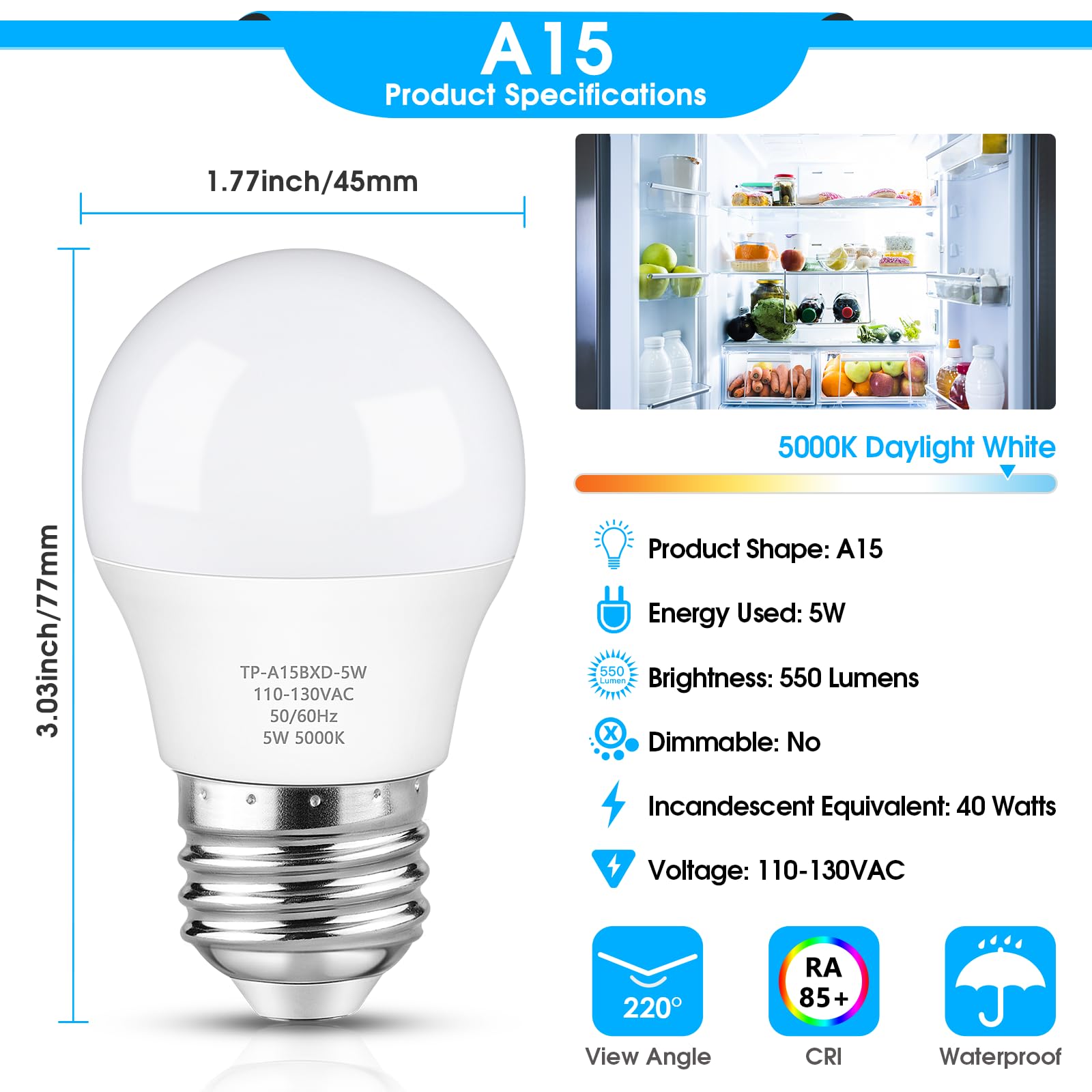 Maylaywood Led Refrigerator Light Bulb, 40 Watt Equivalent A15 Fridge Bulb Waterproof, Daylight White 5000K, 550Lm E26 Base, 5W