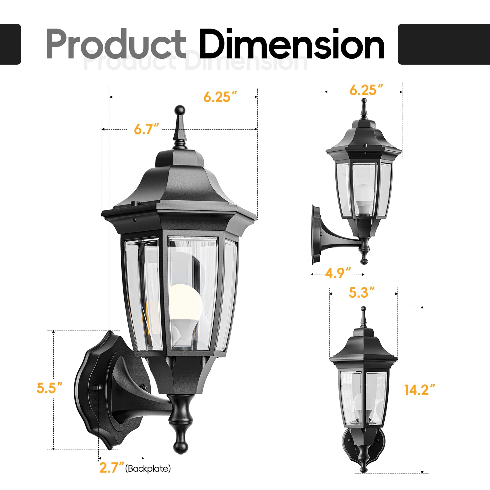 EMART Outdoor Porch Light, Waterproof Aluminum & Glass, Modern Sconce Lantern, 2 Pack, Black, Model EM-AGL-2 (Bulb Included)