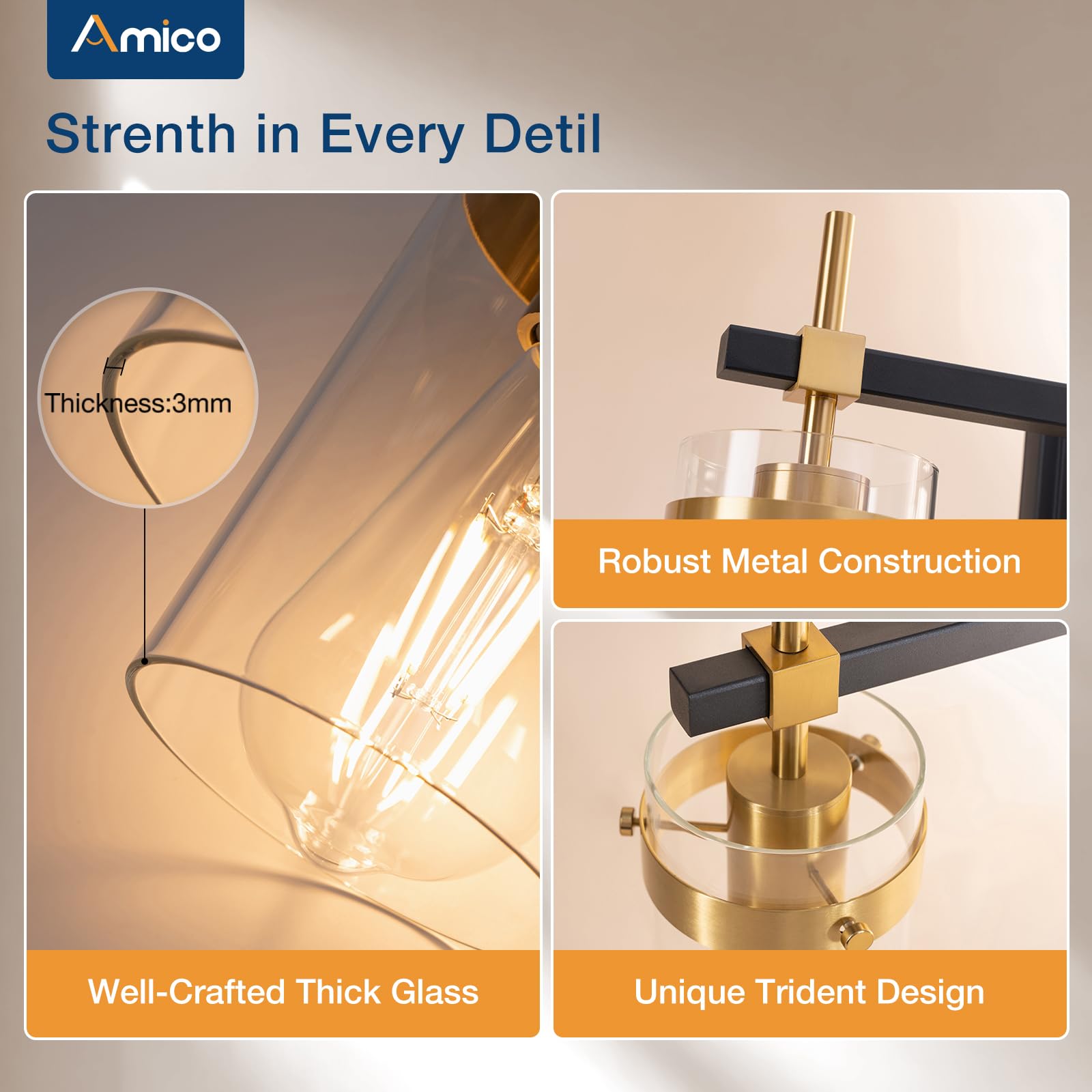 Amico Vanity Lights For Bathroom, 4-Lights Bathroom Light Fixture Over Mirror For Bath Glass Shade Light, Wall Sconce Lighting F