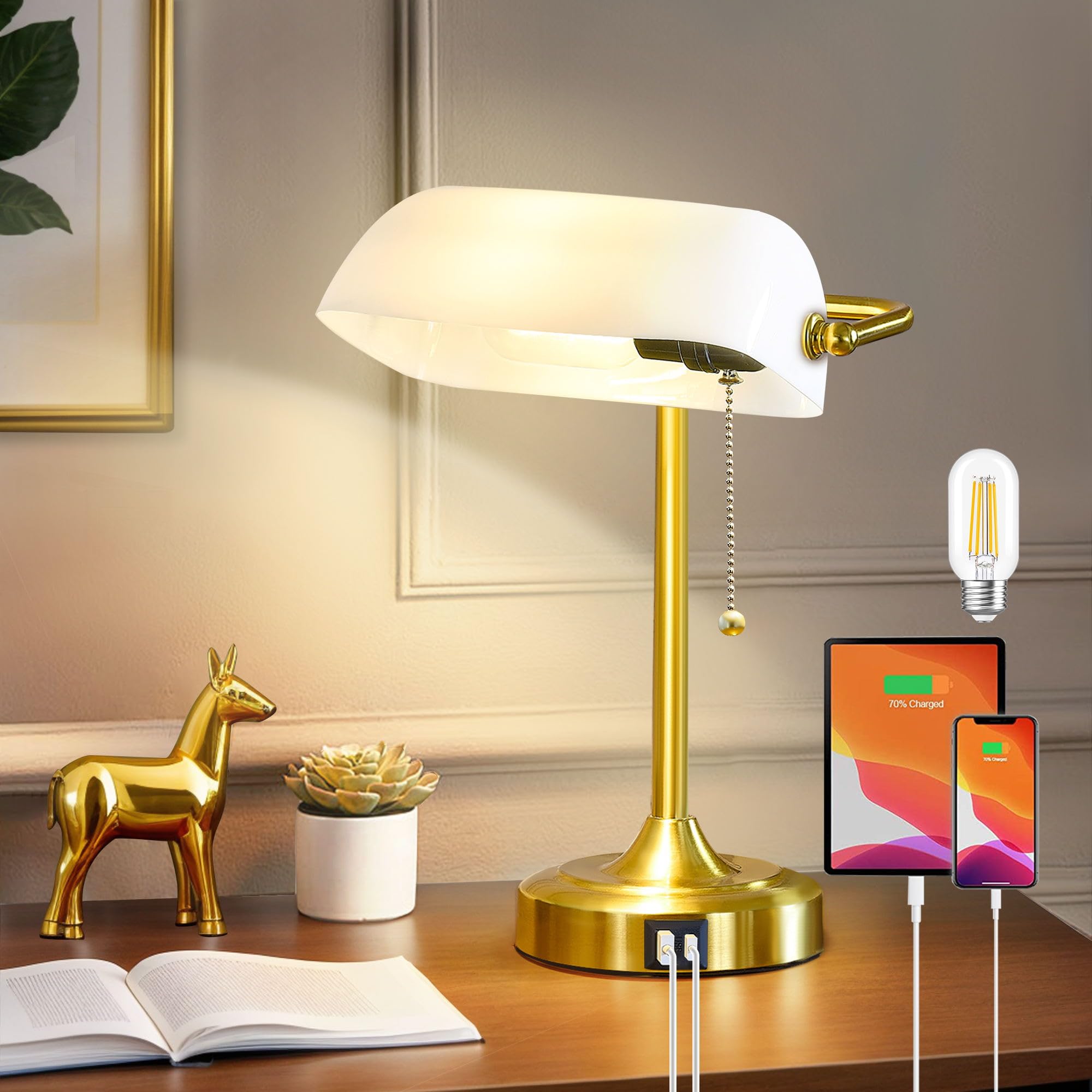 Vintage Desk Lamp Bankers Lamp - Retro Table Lamp with USB & Type C Charging Ports Traditional Pull Chain Switch Library Lamp fo