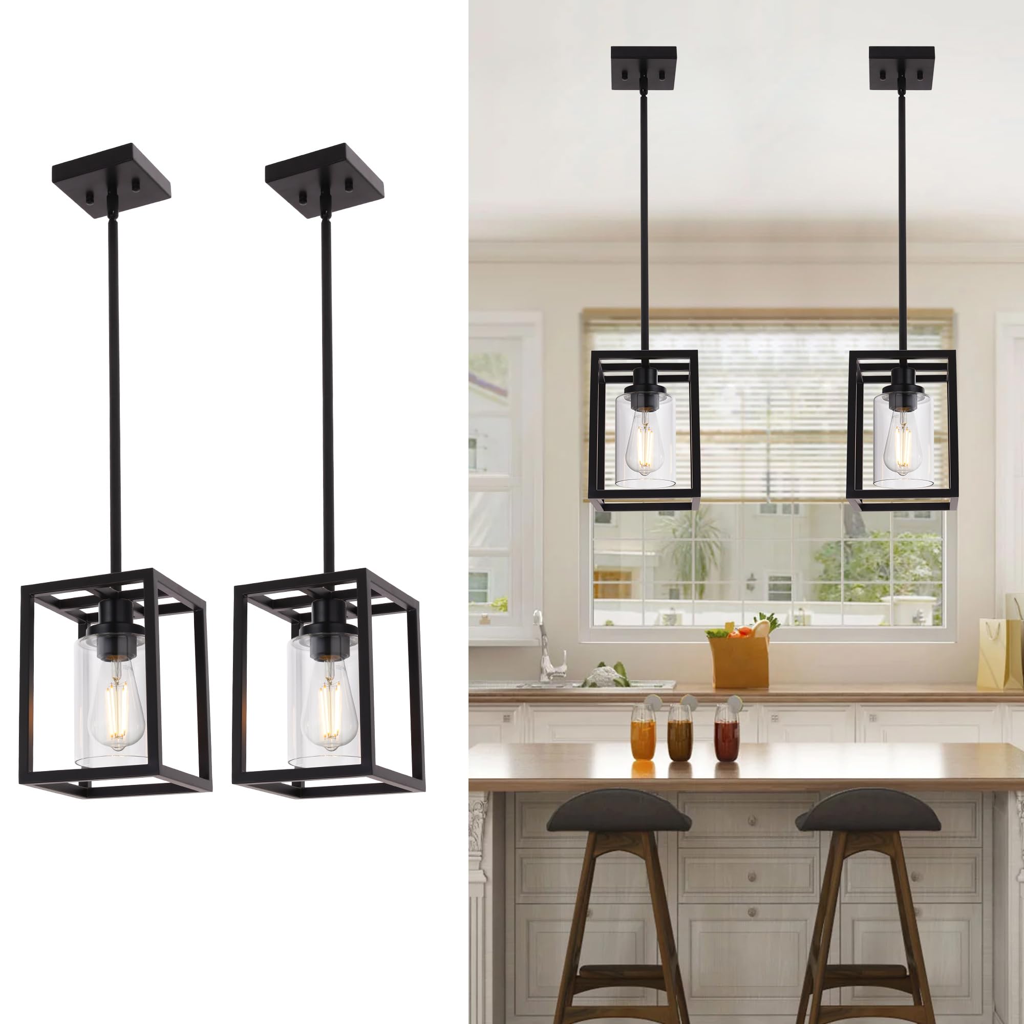 MELUCEE Glass Pendant Lights, Black Metal, 2 Packs, 6.7 inches, Clear Glass Shade, Model 4-45011-2P-2BL, Ideal for Kitchen