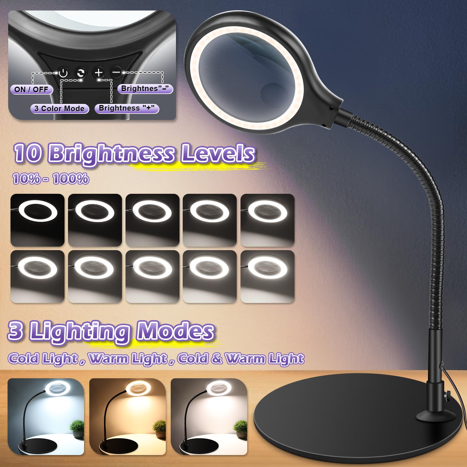 10X 20X Desk Magnifying Glass With Light And Stand, Large Magnifying Lamp With 3 Color Modes Lighted Magnifying Light For Crafts
