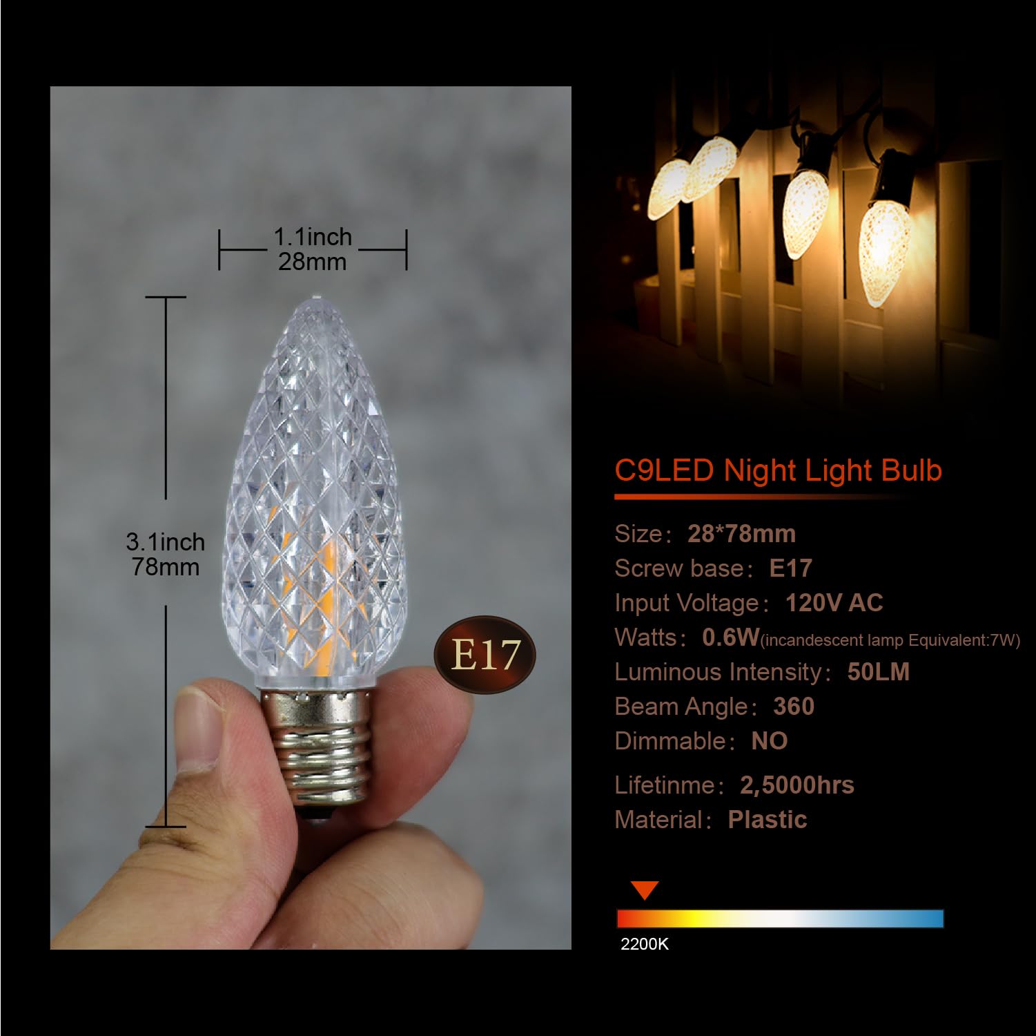 C9 Christmas Replacement Led Light Bulbs, E17 Base Commercial Grade Holiday Bulbs, 4W 5W 6W 7W Incandescent Equivalent, Warm Whi
