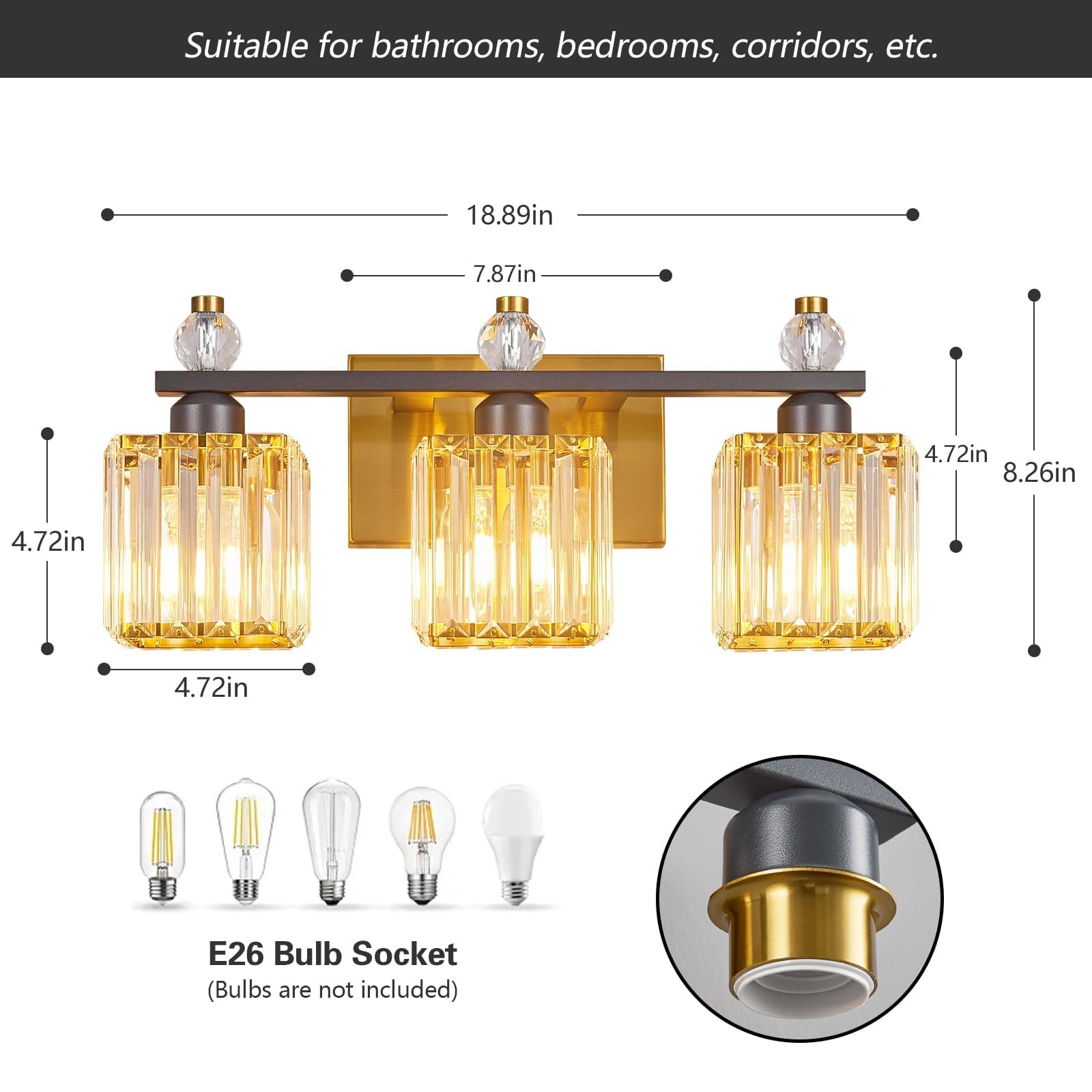 Fdpby 3-Light Modern Crystal Vanity Light - Black Gold Bathroom Light Fixtures Over Mirror