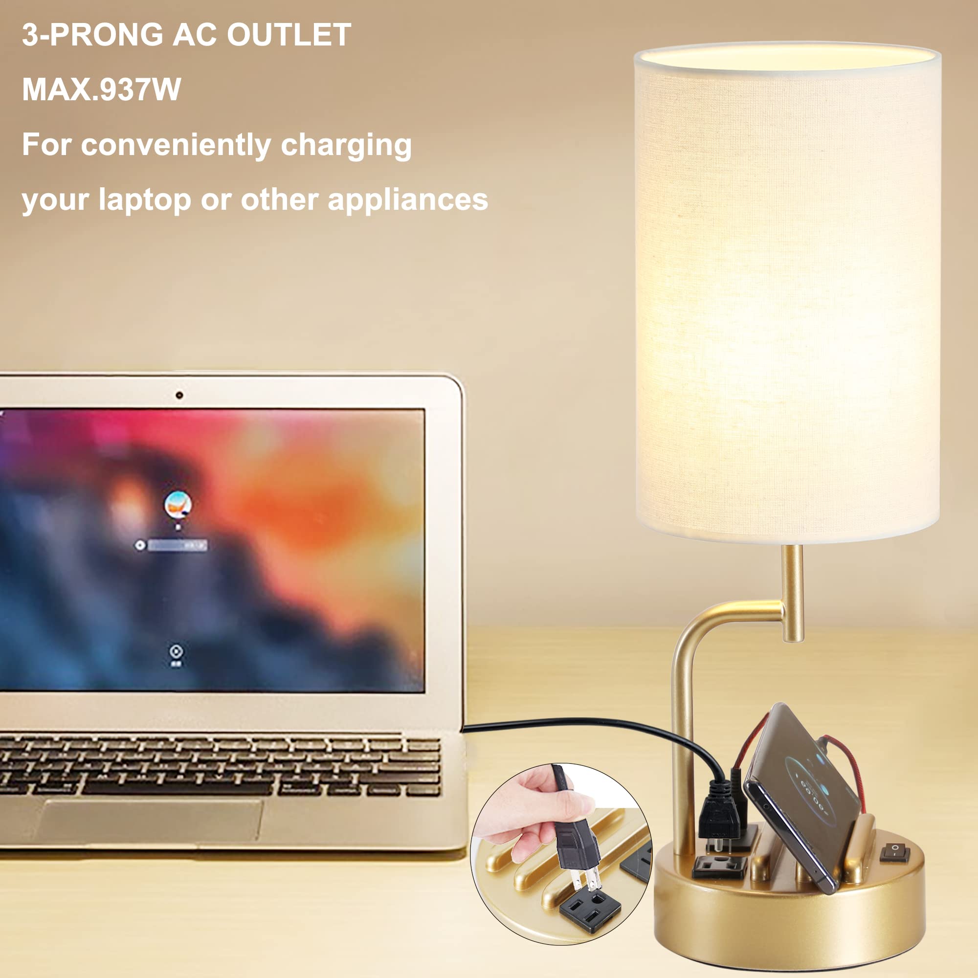 Dreamholder Table Lamp with 3 USB Ports and AC Outlet, Gold, Pack of 2