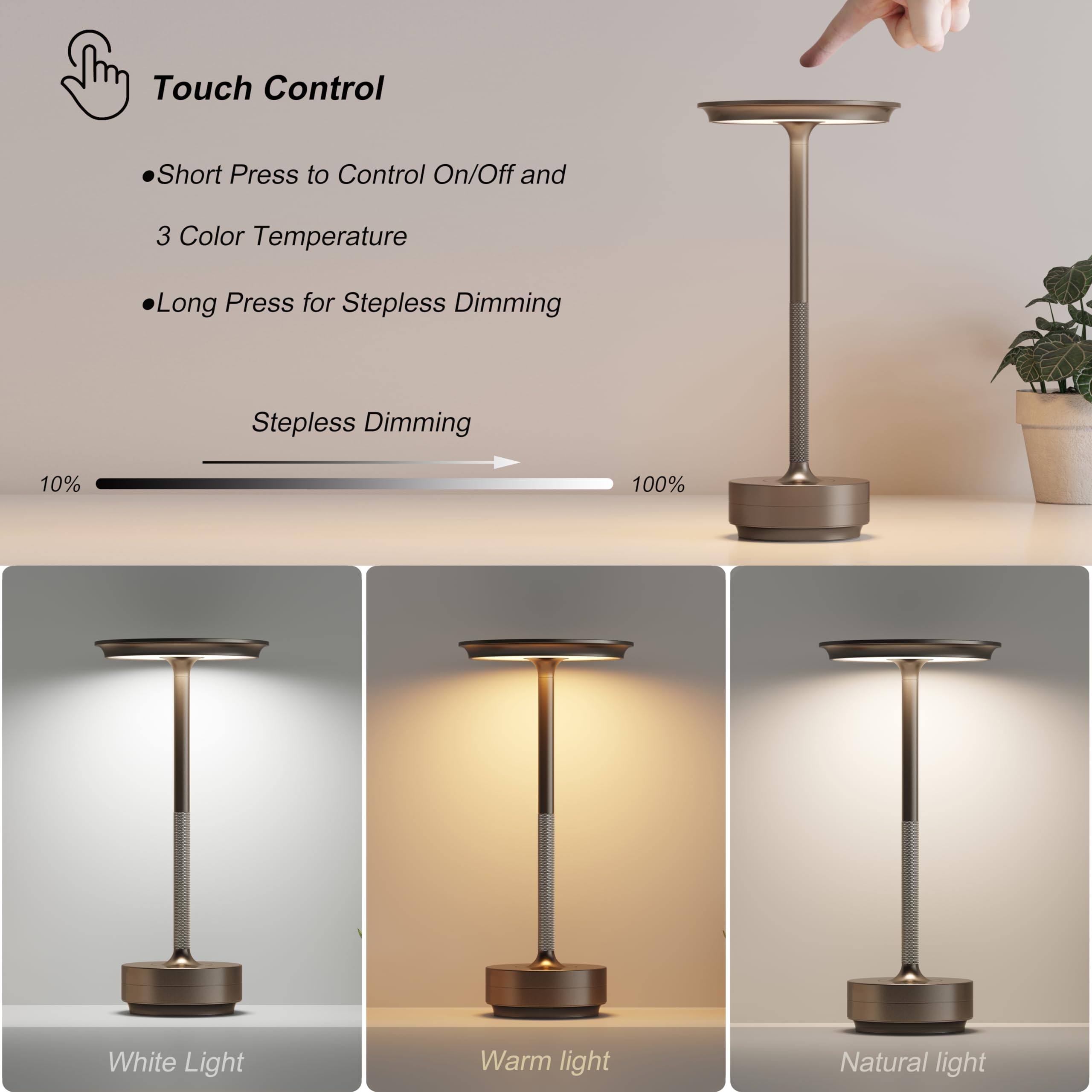 TBBGA Rechargeable Cordless Table Lamps, 5000mAh, 3 Color Dimming, Light Cafe, Model T106C, Portable for Outdoor/Dinner/Patio