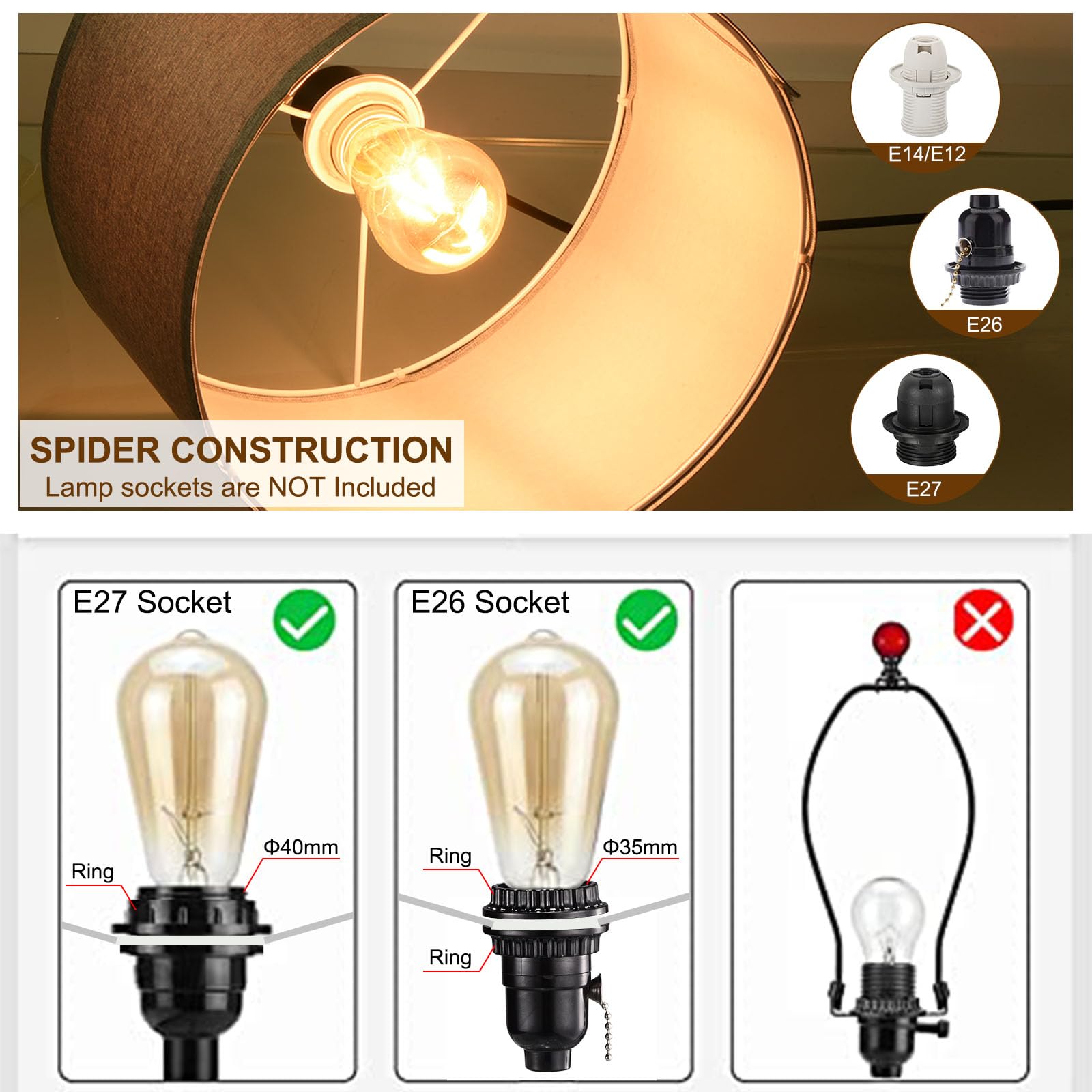 Patikil Drum Lamp Shades For Table Lamps 12&quot;X12&quot;X8&quot; Linen Lampshade Easy Assembly Lamp Shade With E27 To E26/E14 Adapters For Floor Lamps Bedside Lamps Pendant Lights, Cream (1.65&quot; Spider)