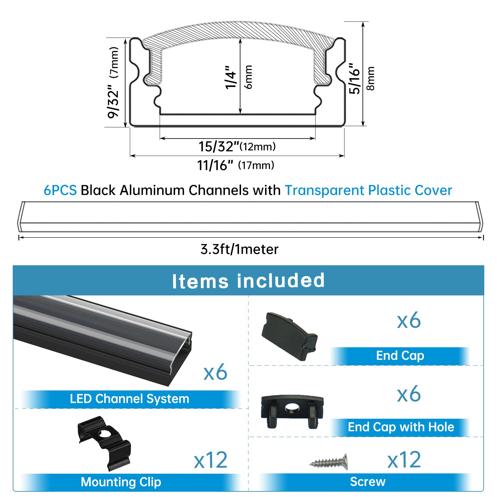 Muzata LED Strip Channel, 6 Pack, 3.3FT/1M, Black Aluminum U Shape with Transparent Cover, Model U1SW