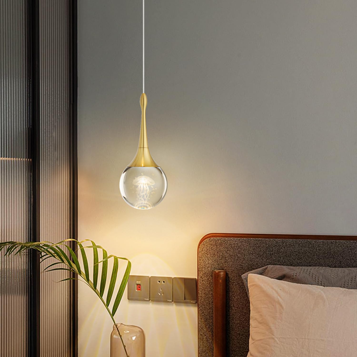 CHYING 1-Light Teardrop Crystal Pendant Light - Mini LED Globe Fixture, Jellyfish/Gold, 3000K Warm White for Kitchen Island, Dining Room, Bar