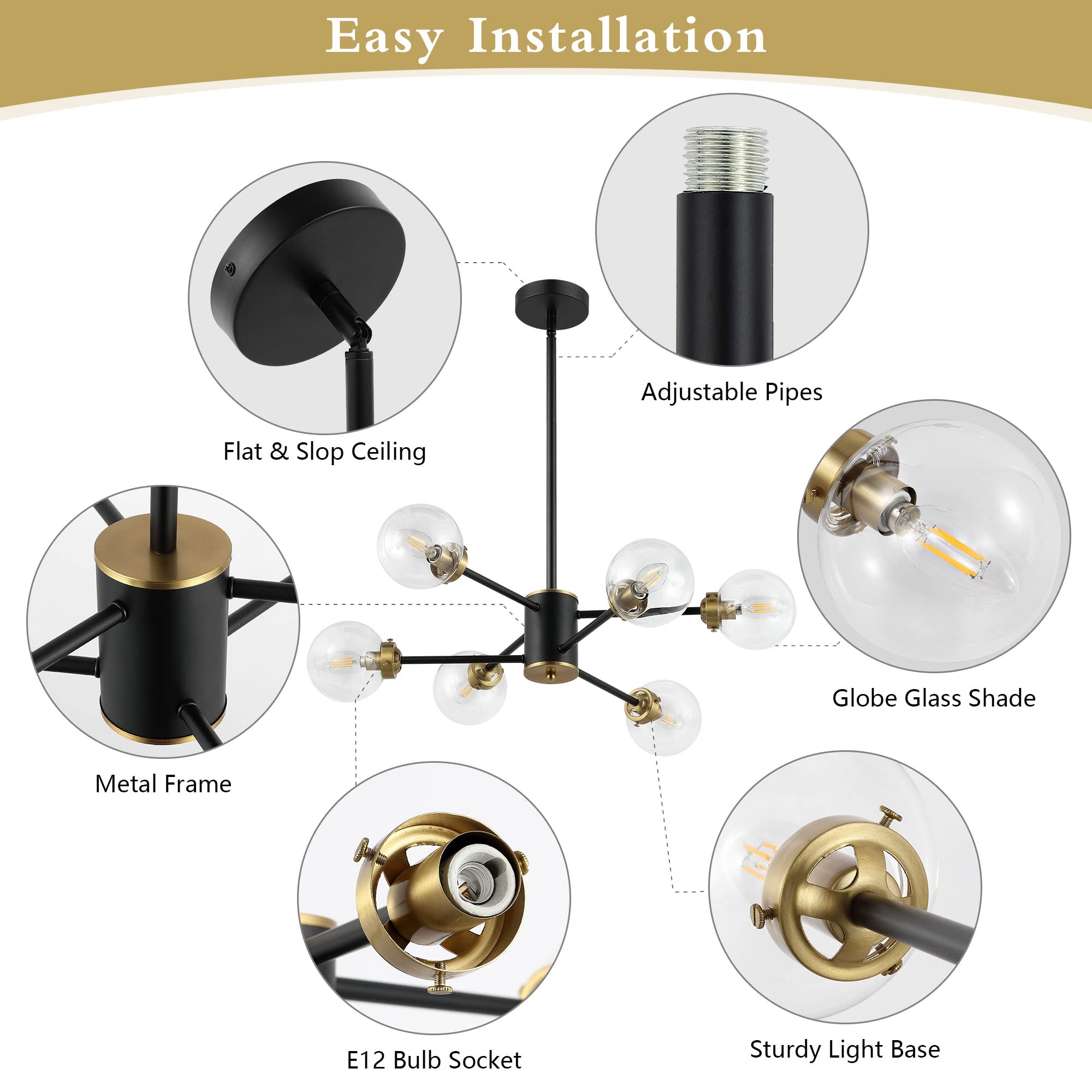 Wingbo 6-Light Sputnik Chandelier, Modern Pendant Light Fixture With 4.7" Clear Glass Globe Shade For Flat And Slop Ceiling, Height Adjustable For Kitchen Living Room Dining Room Bedroom, Black
