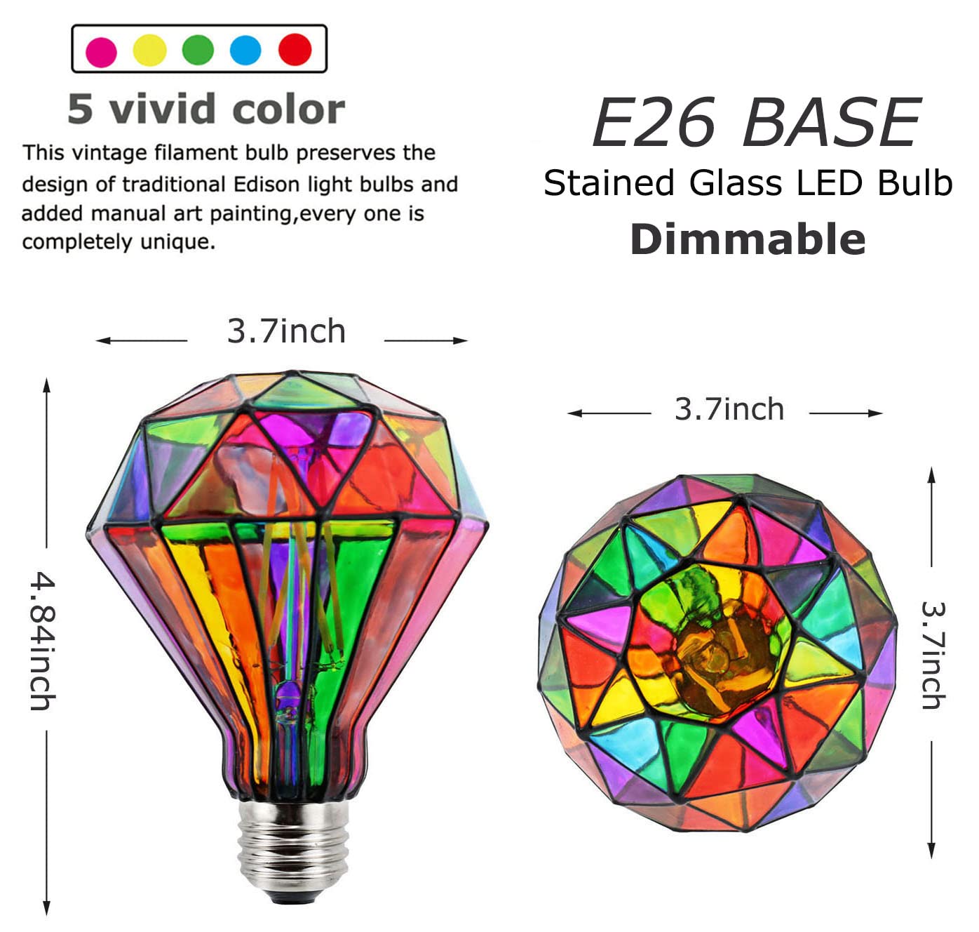 Greeogin Dimmable Stained Glass Led Light Bulb,Diamond Shape Led Bulb, E26 Base 6 Watts G95 Shape Light Bulbs, For Home Party,Re