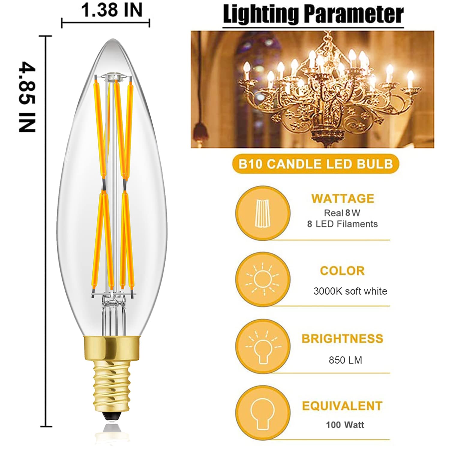 LVYE E12 Edison 8W LED Bulb - 100W Equivalent C35 Vintage Filament, Dimmable, 3000K Soft White, 850lm, Clear Glass,
