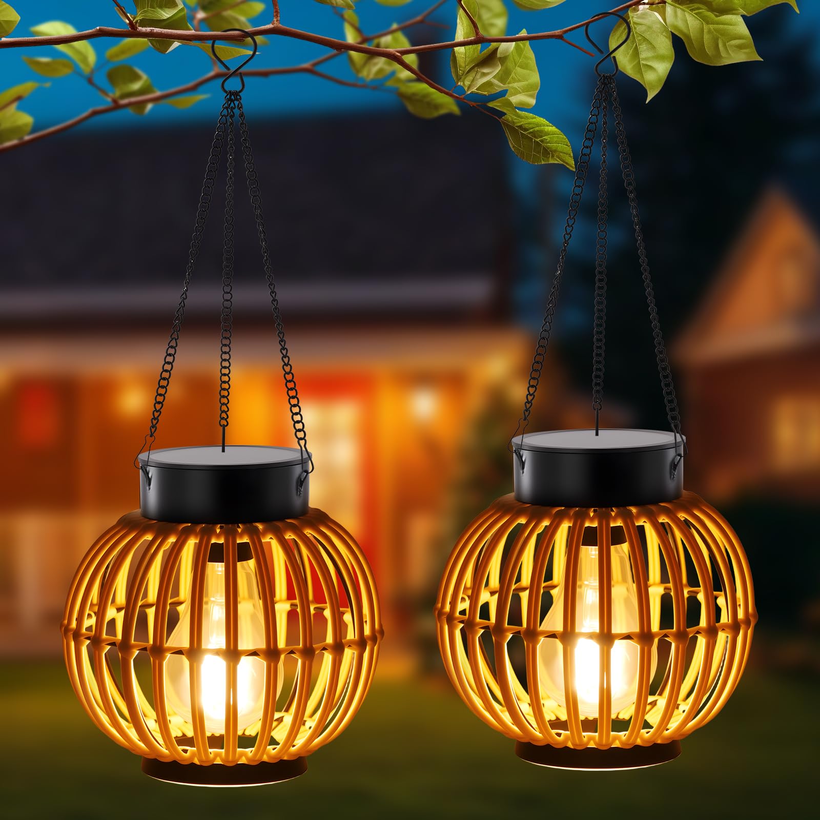 Solar Lanterns Outdoor Lights Waterproof -2 Pack Hanging Hand-Woven Lanterns, Garden Decor Gifts, Outdoor Solar Table Lamp Campi