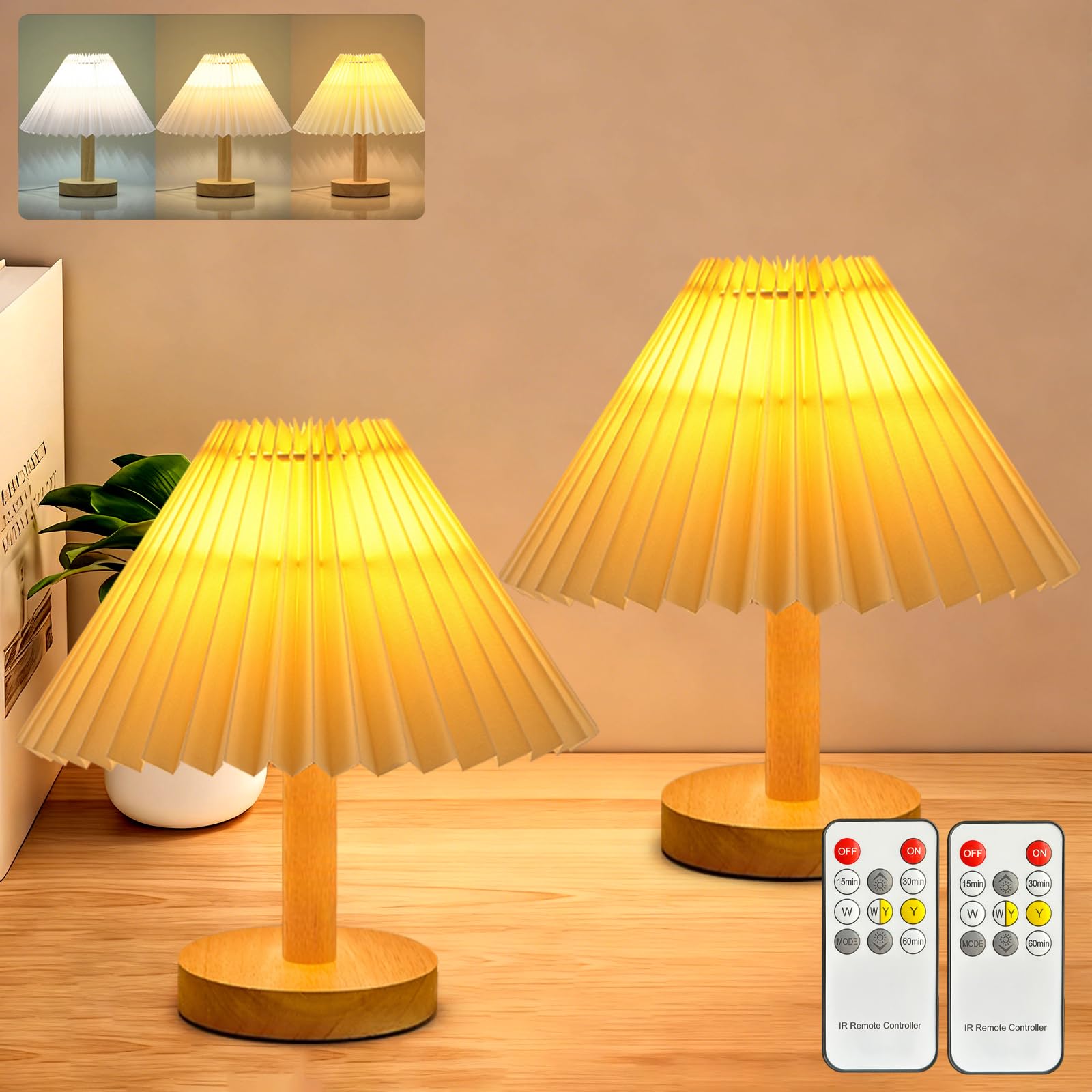 2 pack Small Table Lamp modern Bedroom bedside table lamps,Remote control Dimming Three colors,abric Shade,Boho Night light,Stud