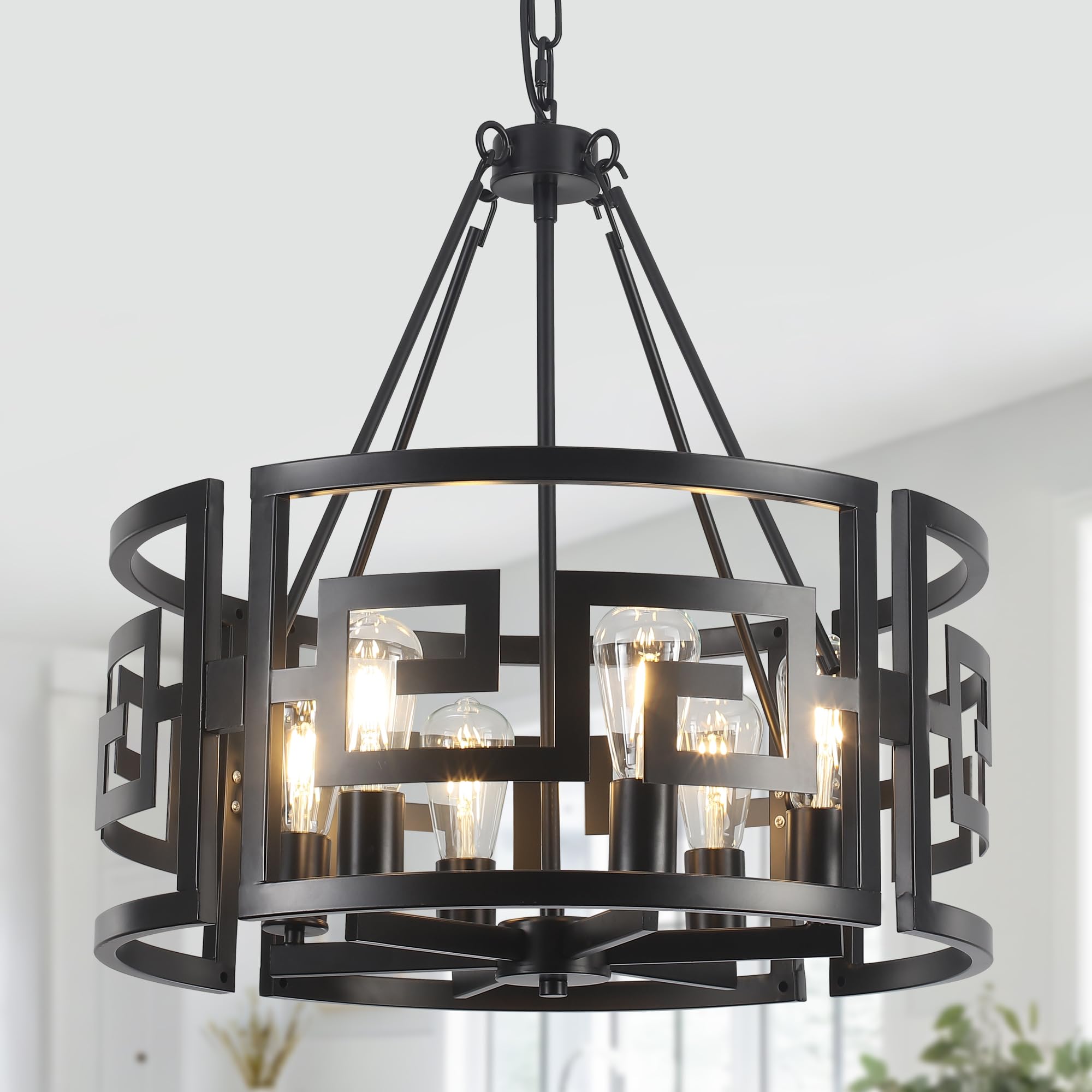 21.6'' Black Round Drum Chandeliers Dining Room Light Fixtures 6-Light Farmhouse Rustic Industrial Pendant Light Kitchen Island 