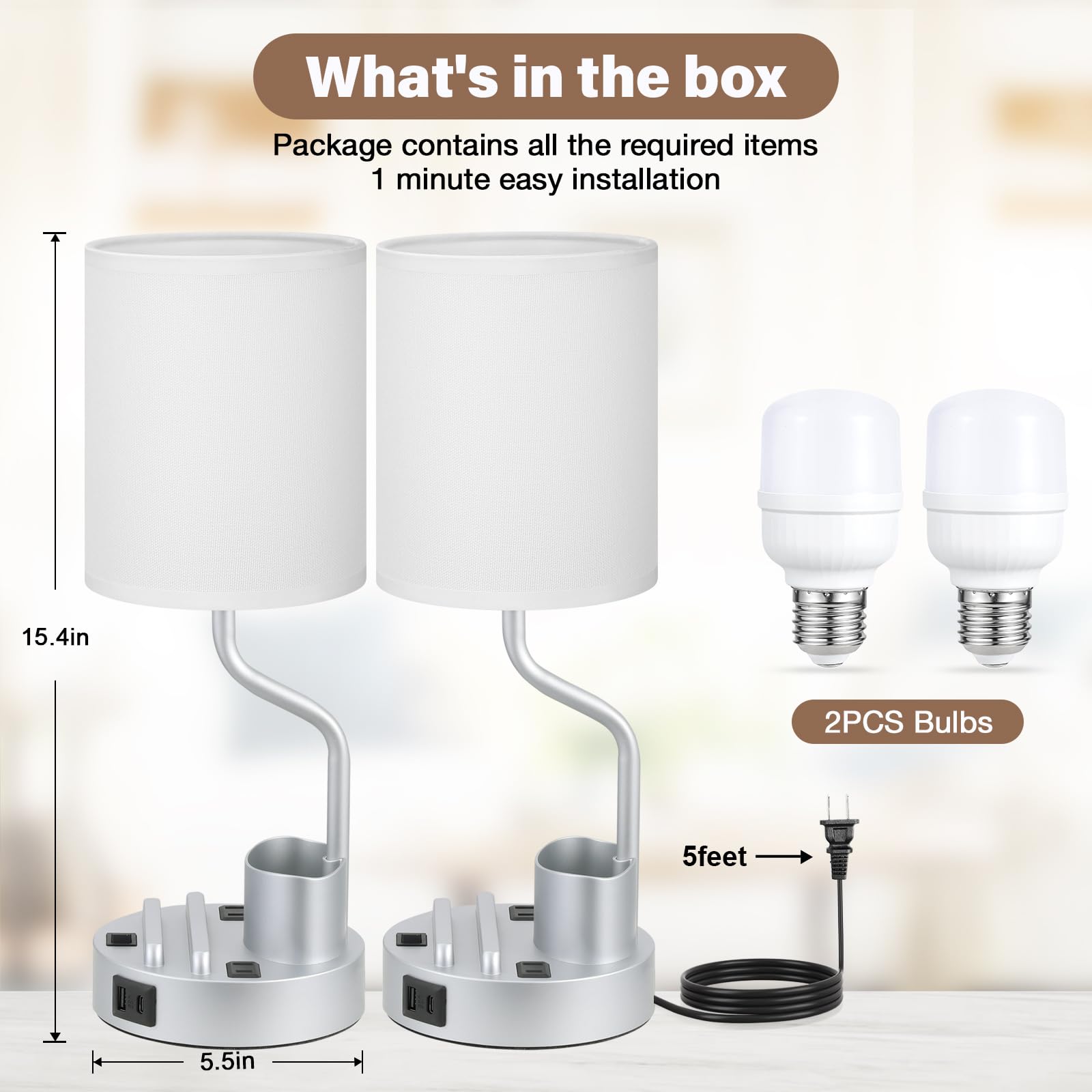 Fenmzee Grey Bedside Table Lamps Set of 2 - Nightstand Light with AC Outlet & USB Charging, Metal, 3 Color Temperatures, Model Lamps 23-1