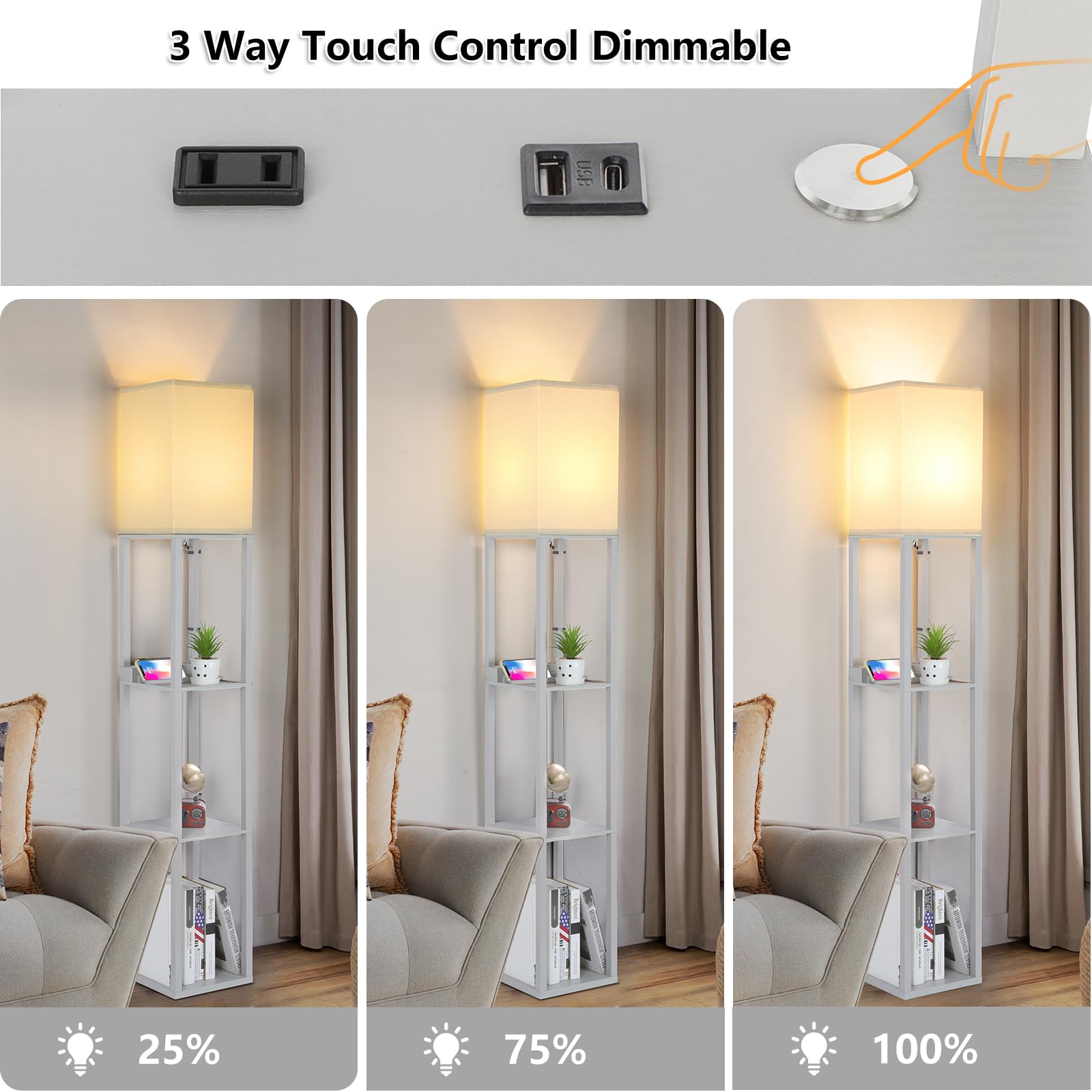 Folksmate Led Shelf Floor Lamp, Modern Touch Control Dimmable Standing Lamp With 2 Usb Ports And 1 Power Outlet, Corner Tall Lam