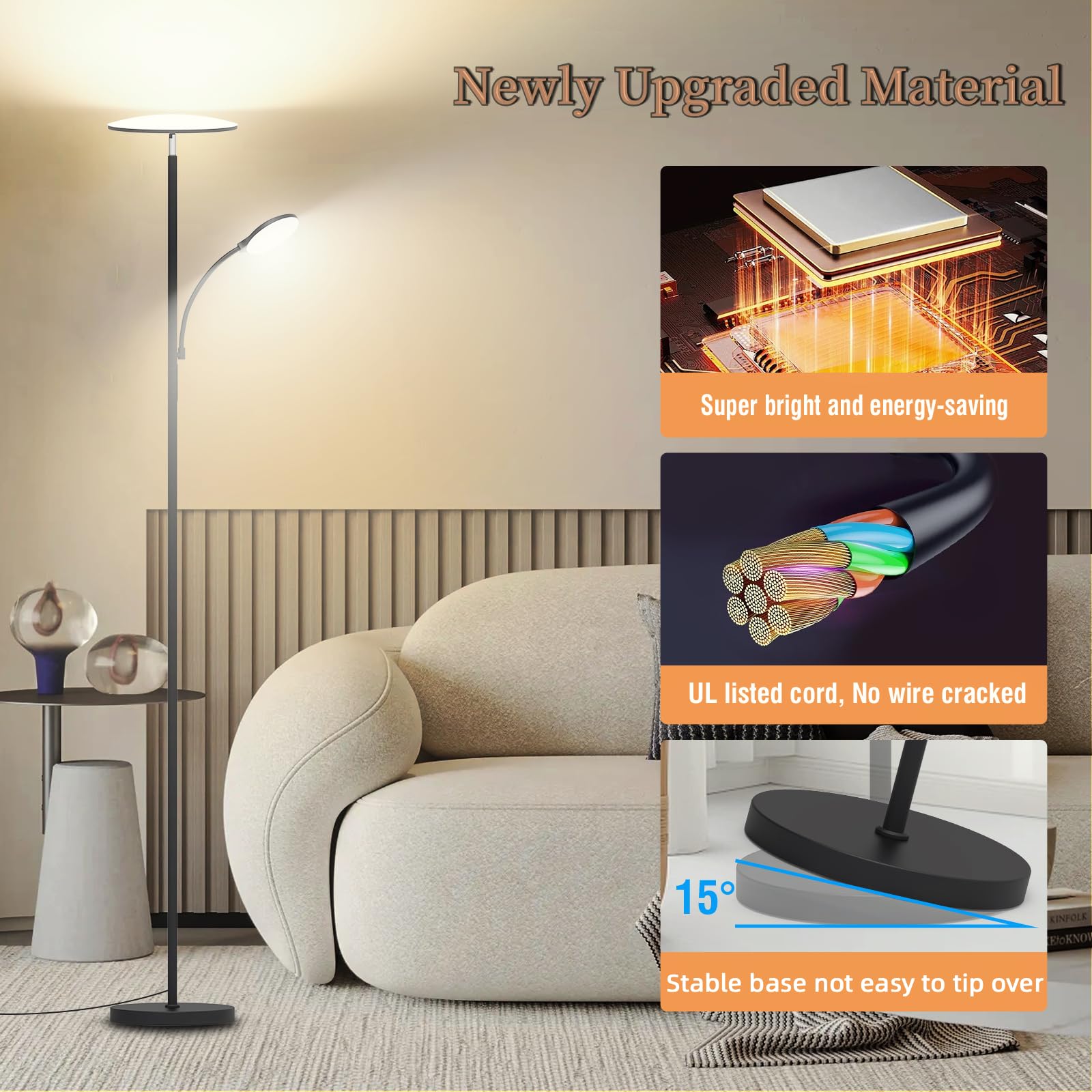 Floor Lamp, 2025 Upgraded 42W 4500Lm Super Bright Led Floor Lamp With Rotatable Reading Light, Touch Remote Control & Memory Fun