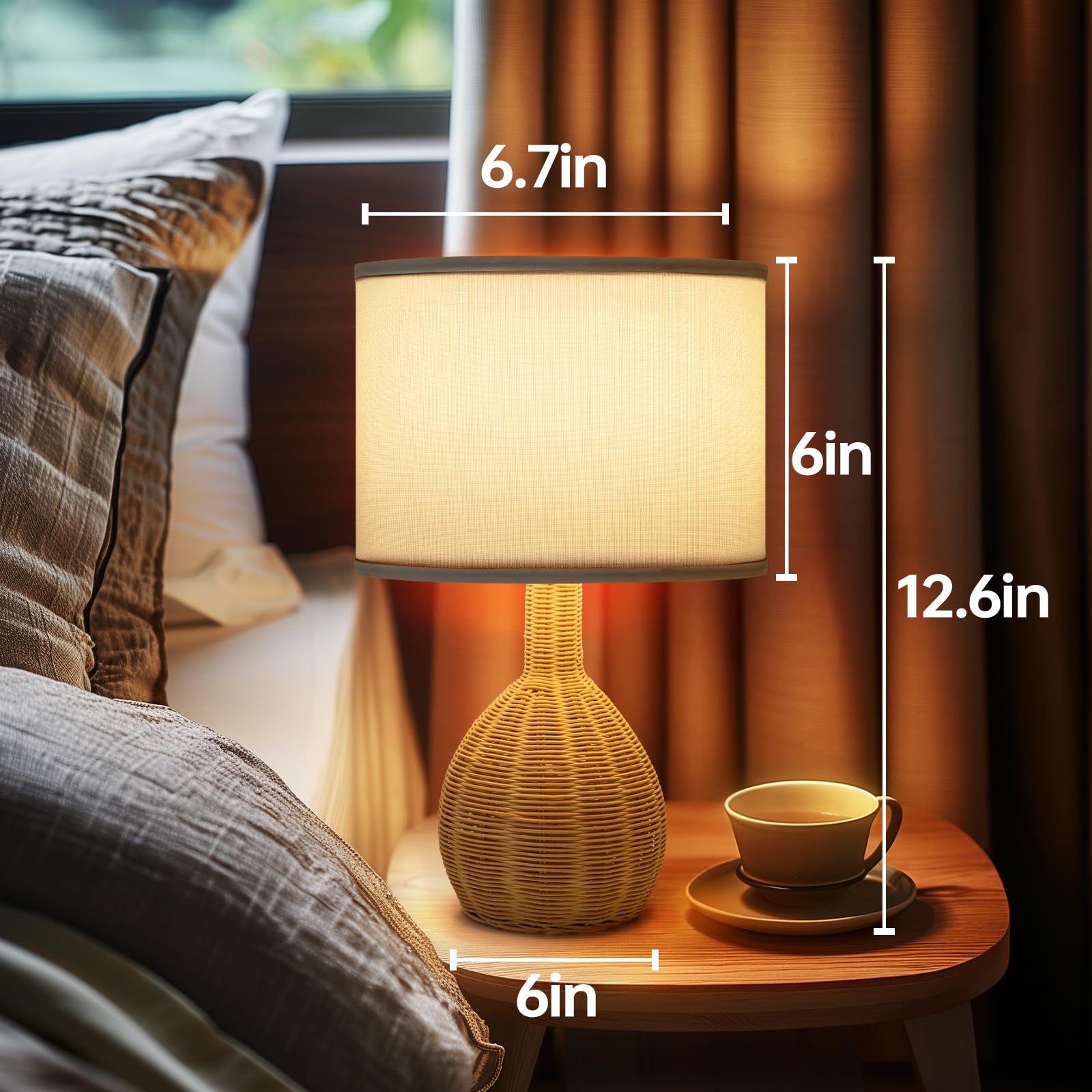 Velxee Rattan Table Lamp Set Of 2 - Natural Woven Design, 15W Led Bulb Included, Modern Boho Style Nightstand Lamps For Bedroom,