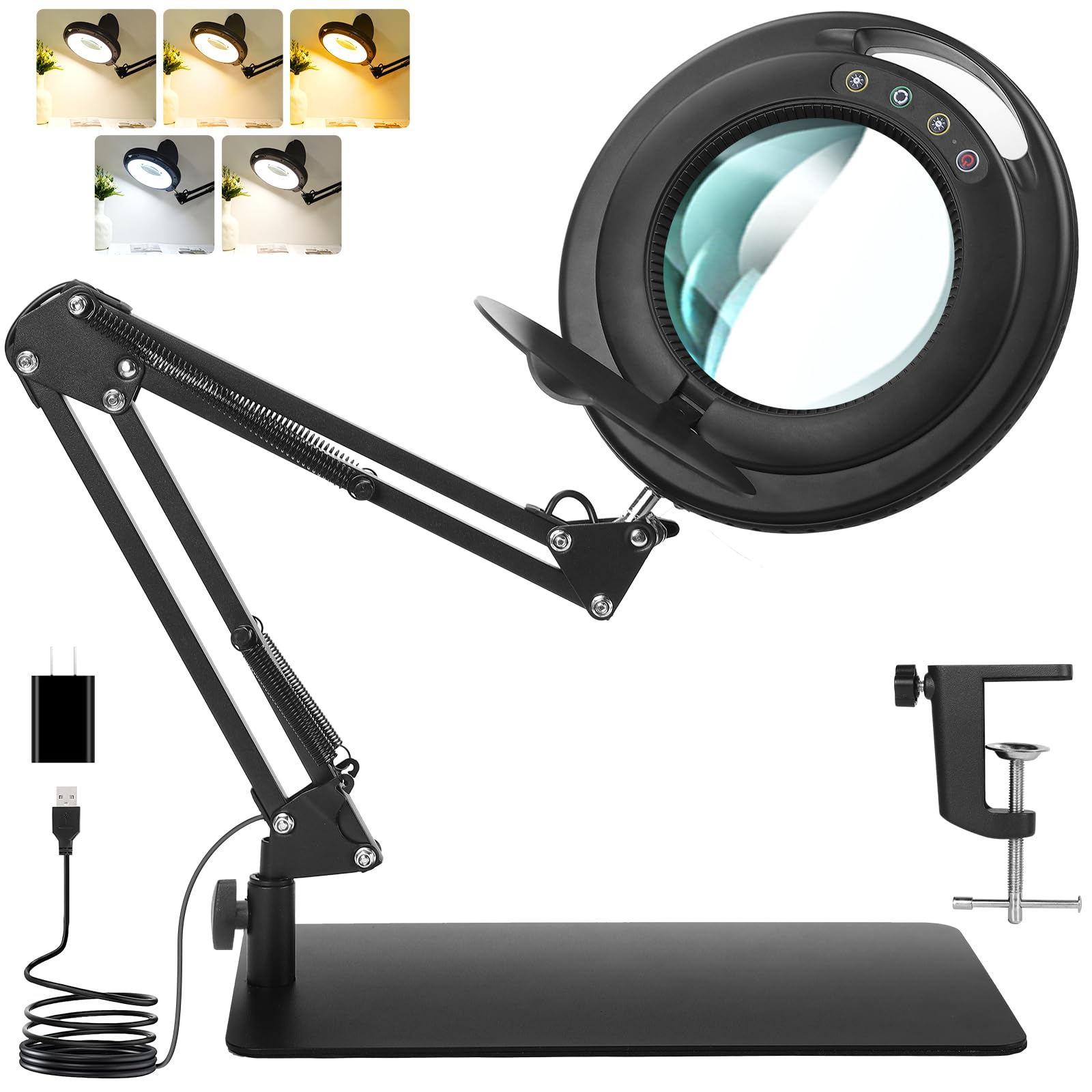 Tobegiga 10X Magnifying Glass With Light And Stand, Head Button Control Magnifier Lamp With Dust Cover, 5 Color Modes Dimmable L