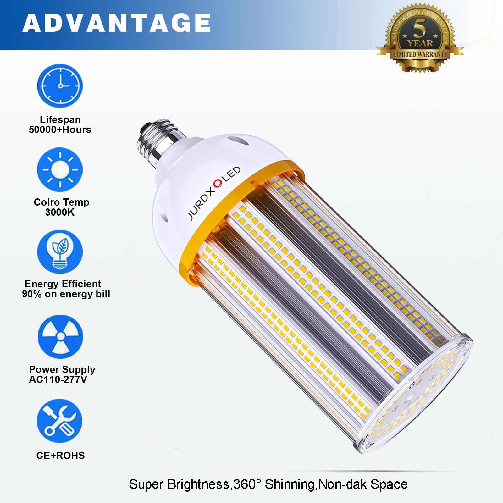 JURDXLED 2Pack LED Corn Light Bulb 9000 Lumen 3000K Warm Yellow E26/E39 Base for Garage, Warehouse, Outdoor, Indoor