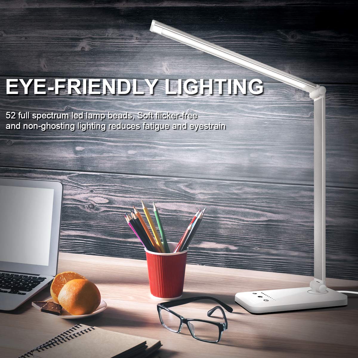 White Crown LED Desk Lamp with USB Port, Dimmable, 5 Modes, Timer, First-Generation, Silver, Model QM019