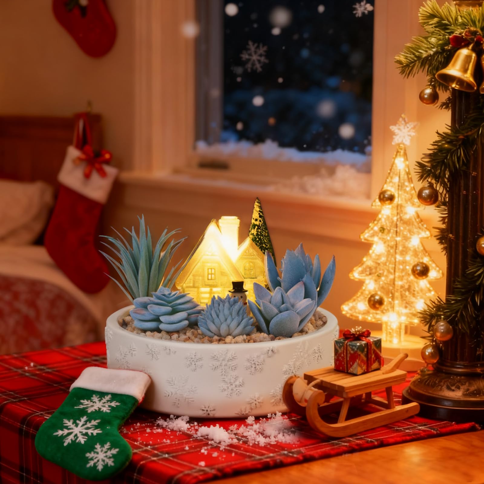 LUXARAPY Outdoor Artificial Succulent Compatible Snow House Plant D?cor  Small Faux Potted Succulents with Solar Light  DIY Design for Patio  Yard or Living Room Desk Decoration Gift for Mom Grandma