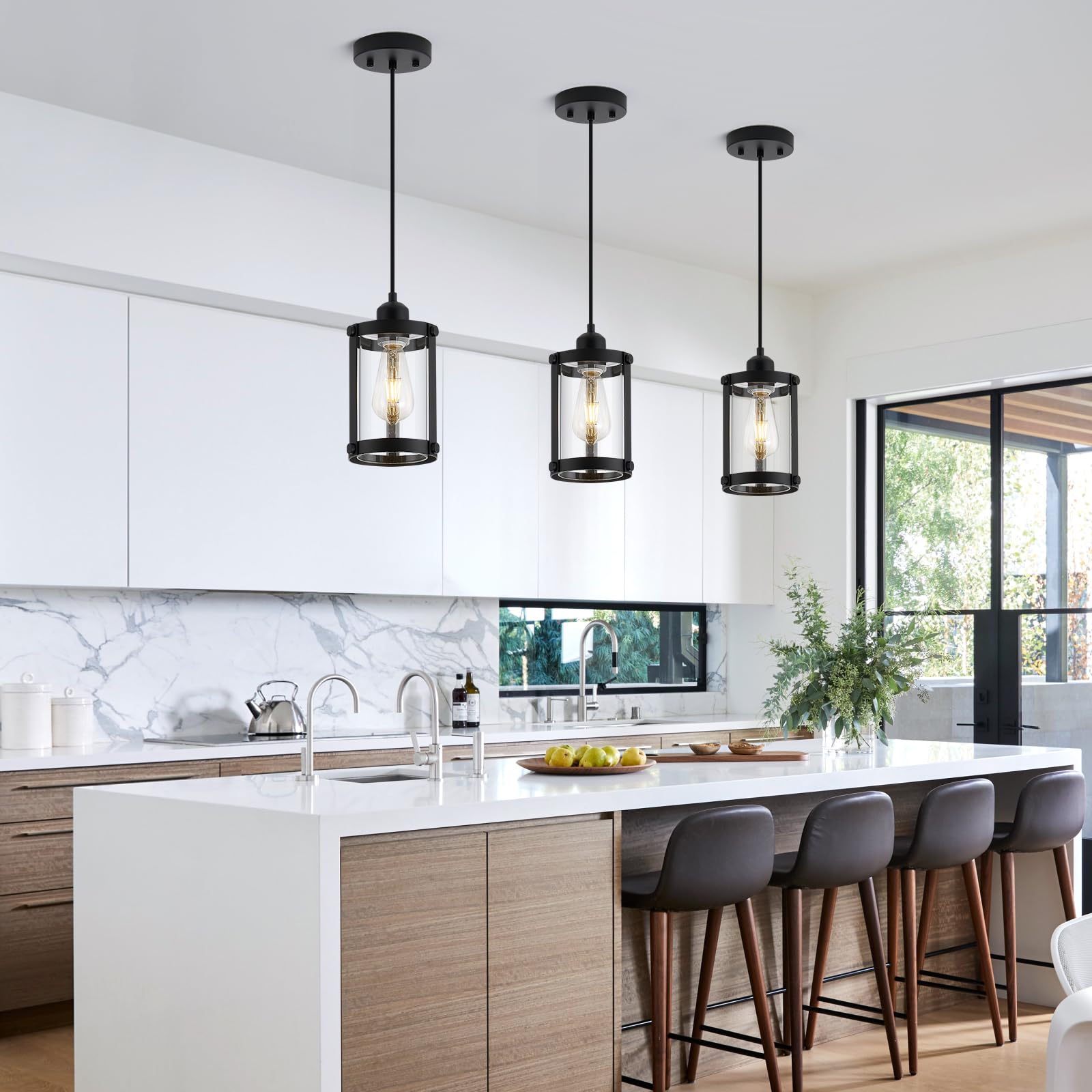Osimir Black Pendant Lights Kitchen Island 3 Pack, Modern Kitchen Pendant Lighting Over Island With Clear Glass, Farmhouse Mini