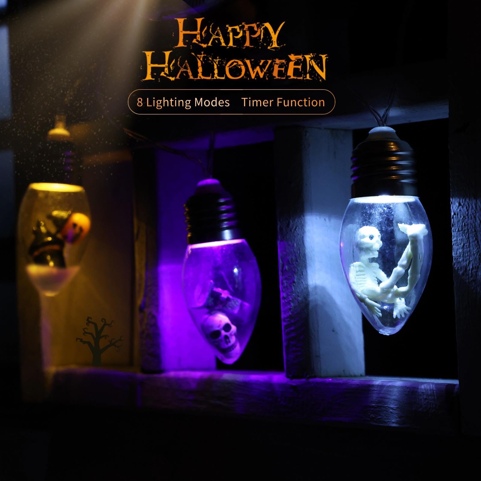 Halloween Bulb String Lights Decorations, Battery Operated Powerd 8.2 Ft 12 Led Orange Purple White Skeleton Pumpkin Tombstone Spooky Cute Timer 8 Lighting Modes Twinkle Indoor Outdoor Window Decor