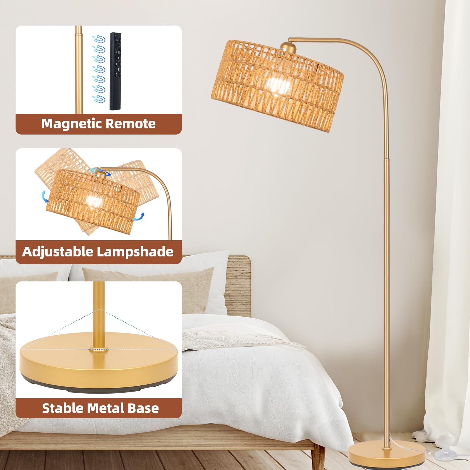 Brilvibera Gold Boho Floor Lamp - Adjustable Rattan Arc Lamp with Dimmable Bulb for Living Room, Bedroom, Office