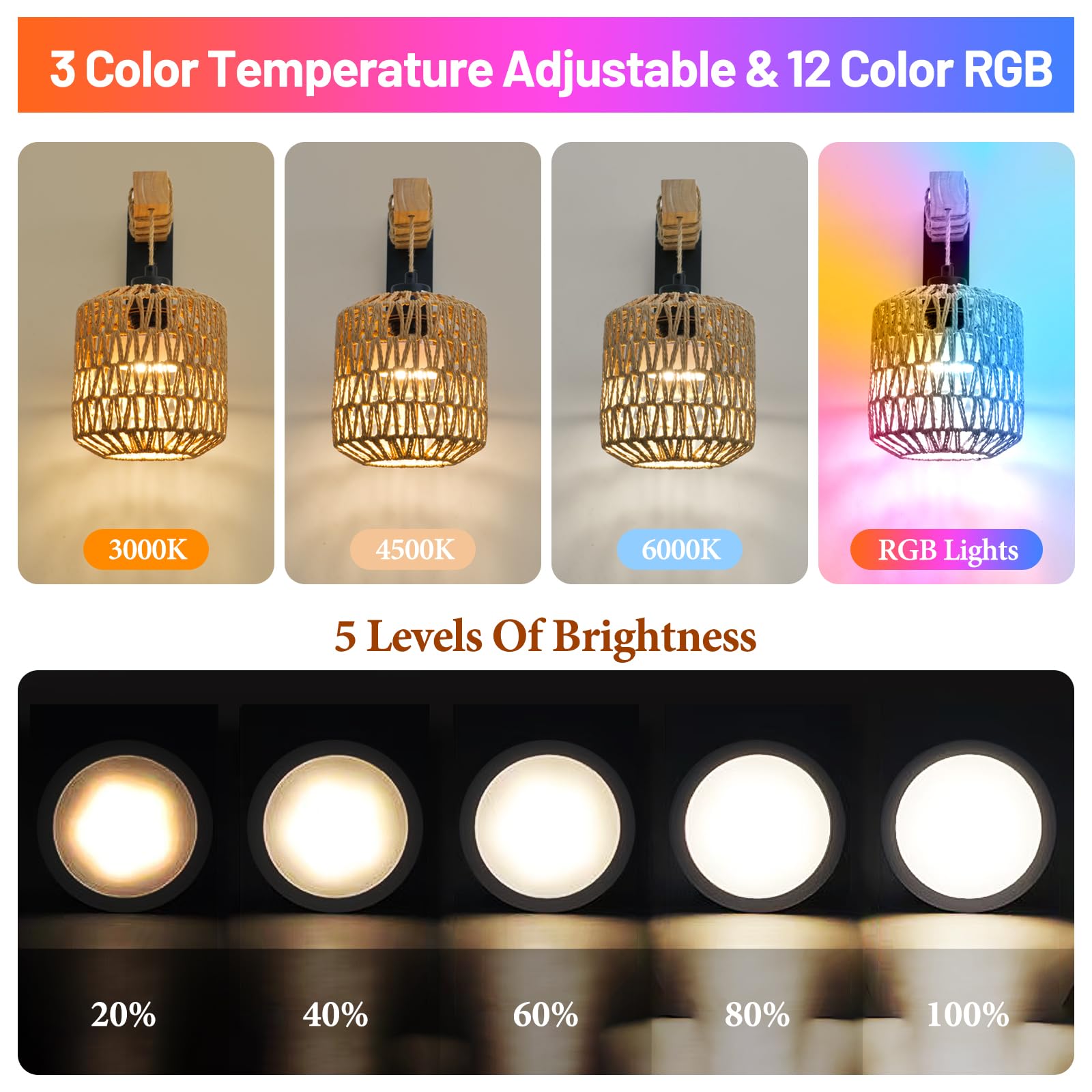 NOVCAND Battery Operated Rattan Wall Sconce Set of Two, Wireless RGB Lights, Black, Farmhouse Style, Model TW20240820-INTELLIGENT
