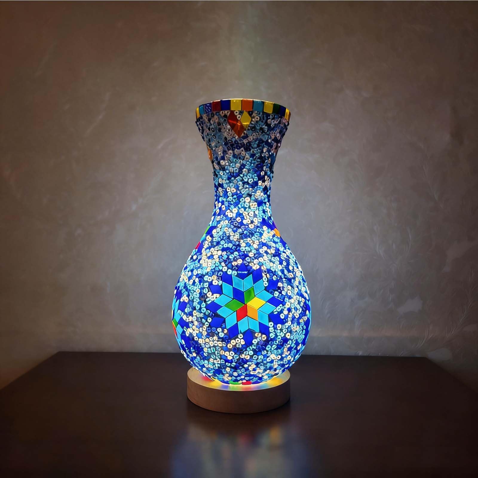 wpdash Turkish Moroccan Style Mosaic Table Lamp with Wood Base USB Power Can Hold Water for Flower Arrangement - Colorful Glass 