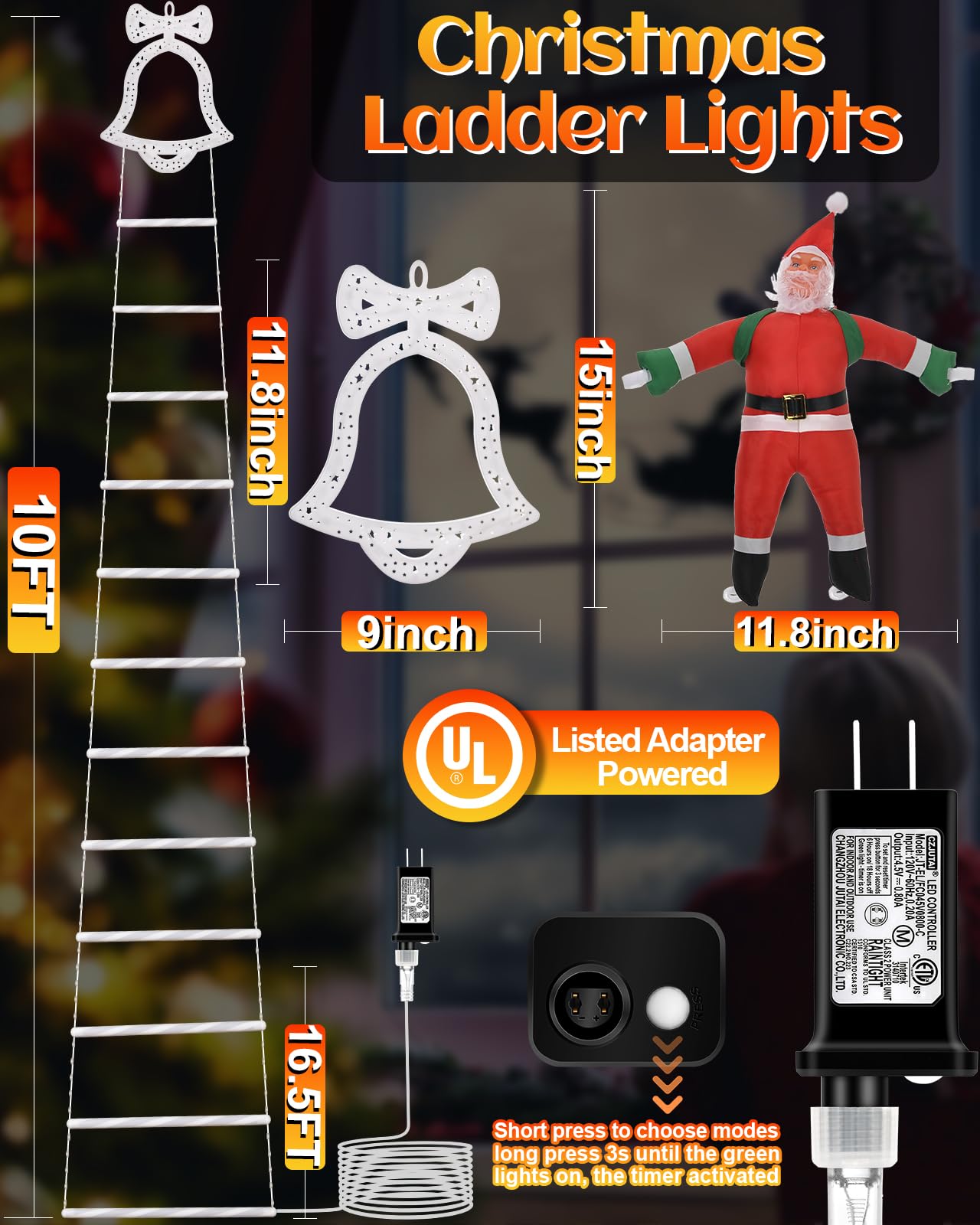 Christmas Decorations Led Ladder Lights, 10Ft Decorative Light With Climbing Santa Claus, 8 Modes Xmas Giant Lights For Tree Ind
