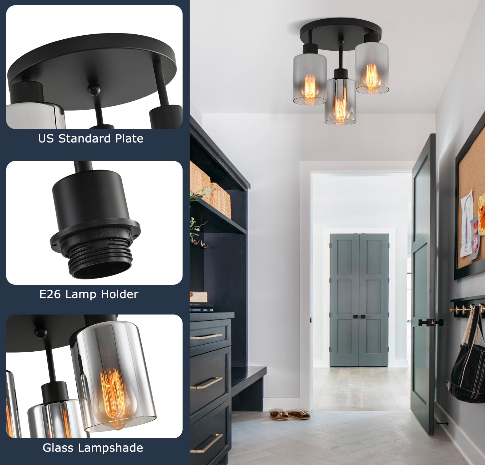 Ihengyanlt 3-Light Industrial Farmhouse Black Matte Light Fixtures Ceiling Mount, With Smoke Gray Glass Shades Semi Flush Mount