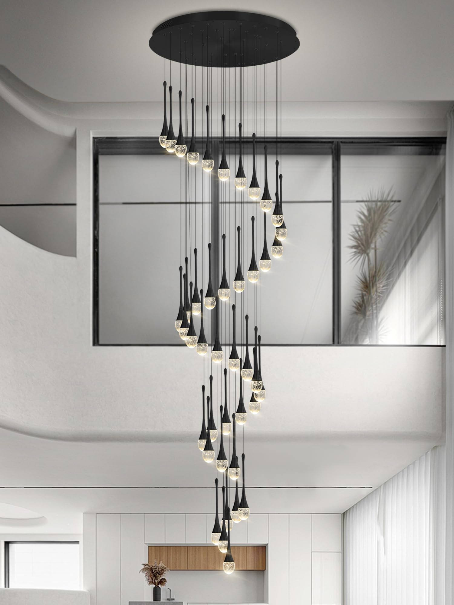 Ykolupty Staircase Chandelier 42-Lights Crystal Ceiling Lights Adjustable Length 197Inches Large Chandeliers For High Ceilings, Entryway Lighting Fixture Black