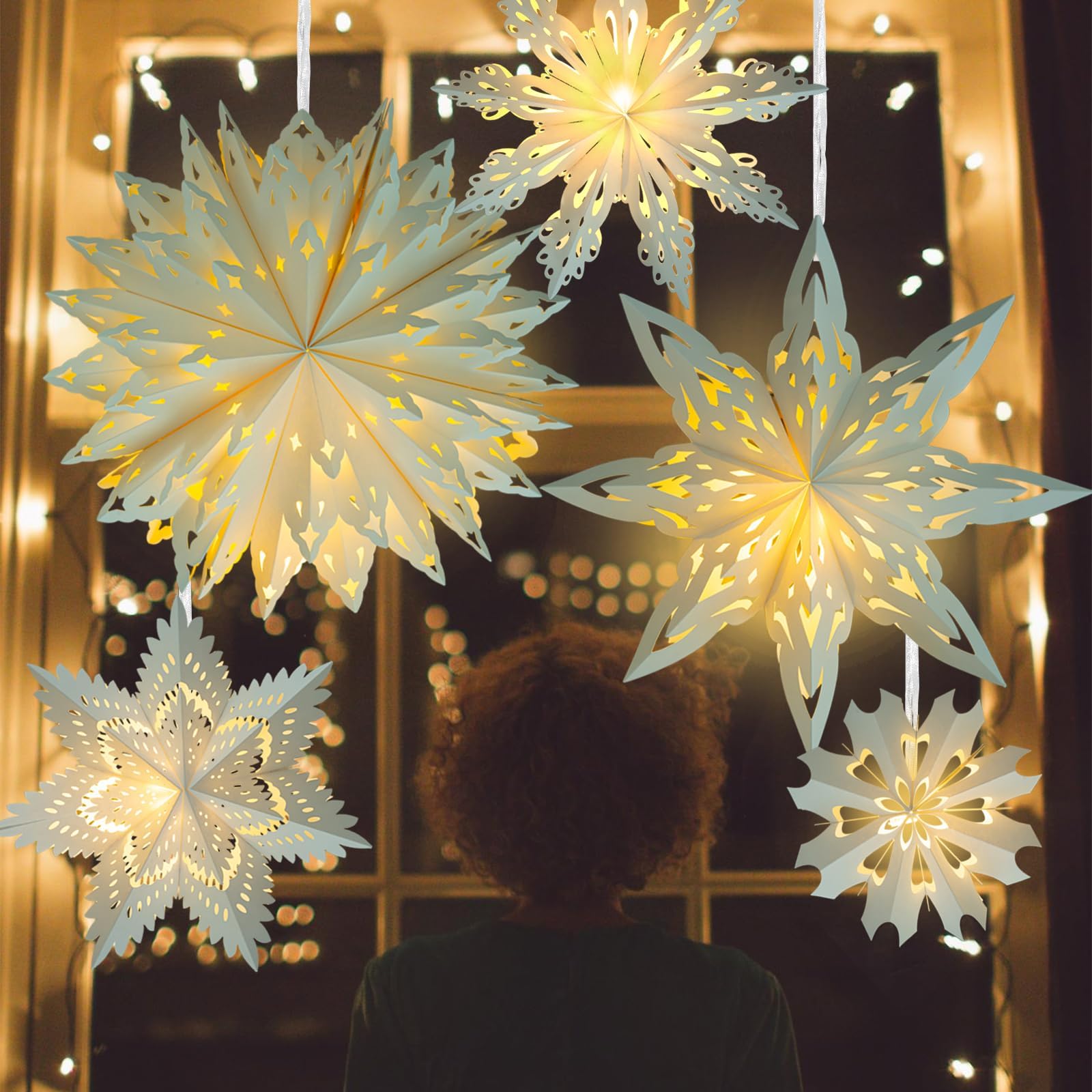 OuMuaMua 5 Pack Christmas Paper Snowflake Lanterns, White LED Hanging Lamps for Holiday Party Decorations, Model GSD001