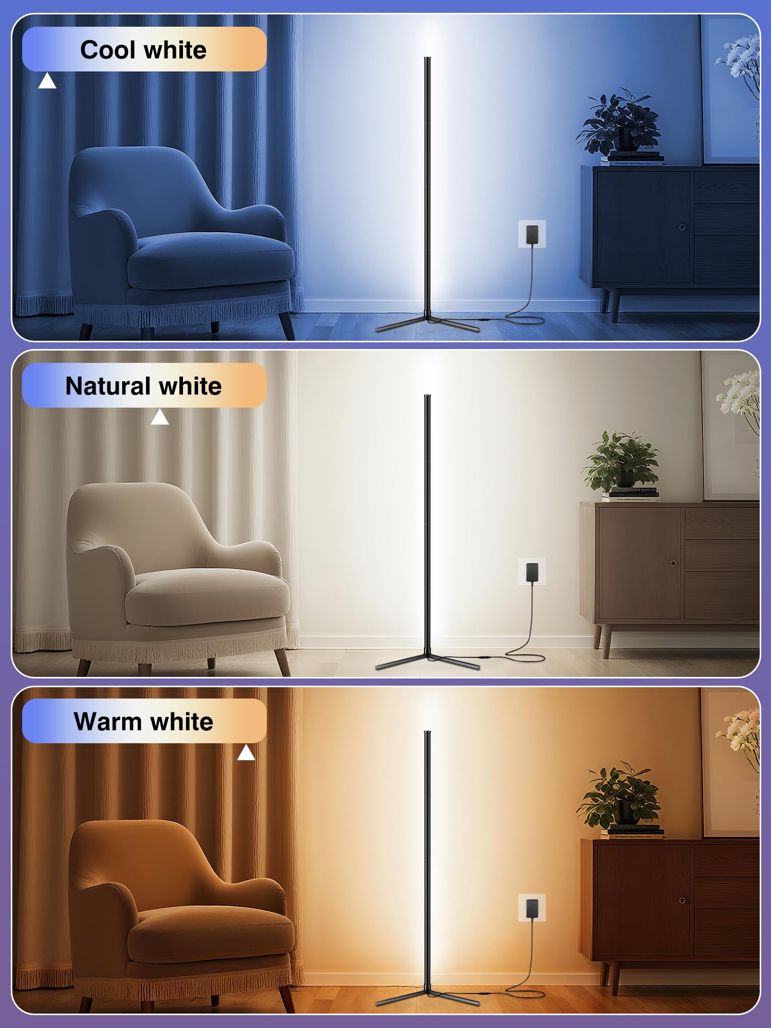 2Pack Corner Floor Lamp, Modern Led Corner Lamp With Ac Adapter & App & Remote Control, 16 Million Colors, 68+ Scene Modes, Musi