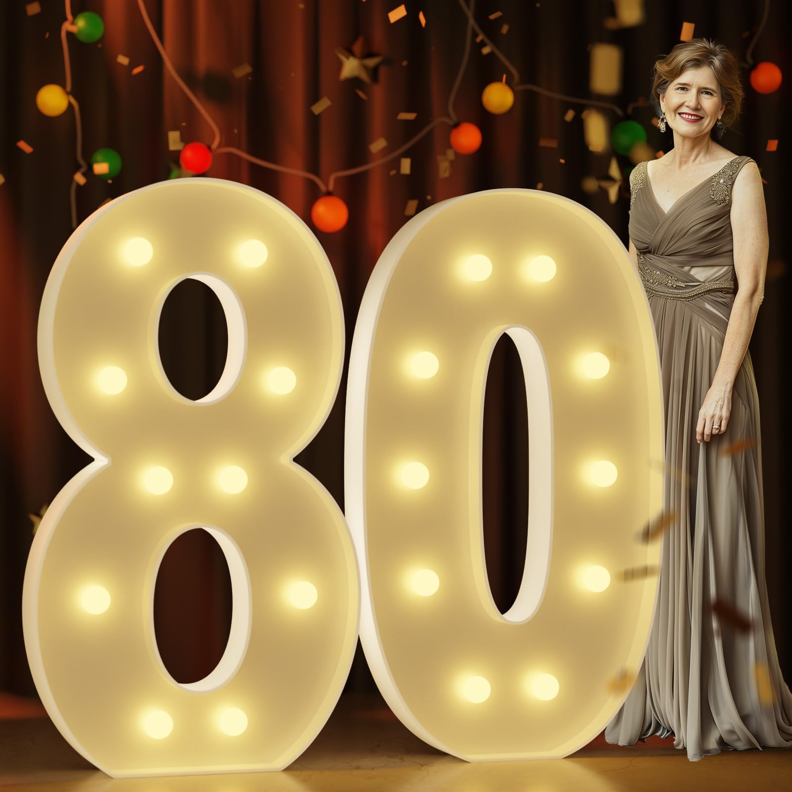 Marquee Numbers 4 Feet Tall Large Light Up Numbers 80Th Birthday Decorations Women Men Big Yellow Light Outdoor Anniversary Decorations Balloon Arch Kit Party Backdrop 80