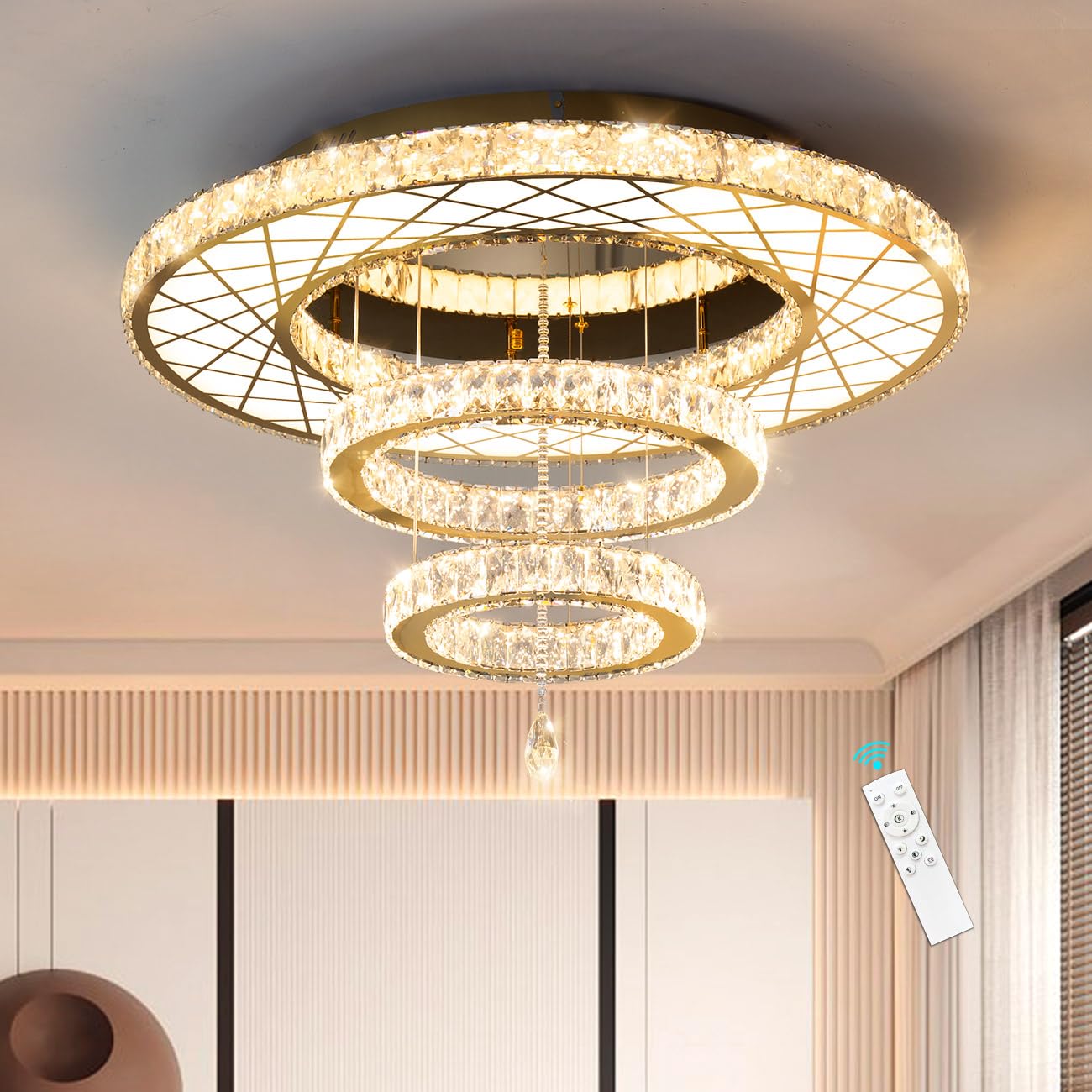 Haixiang Led Modern Chandeliers - Dining Room Crystal Ceiling Mounted Lights - Bedroom Remote Dimmable Lights - 2700K & 6000K