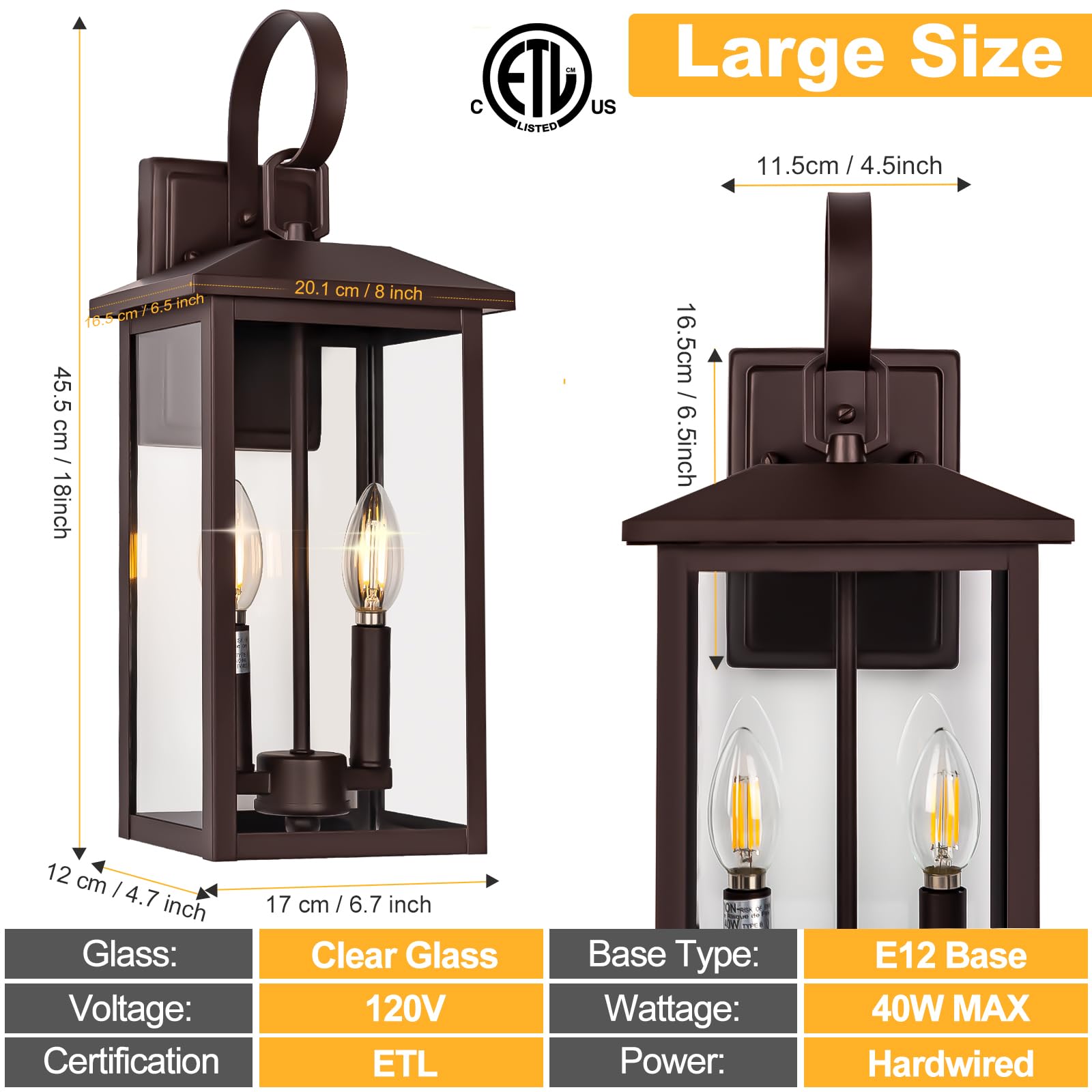 Bronze Large Porch Lights Outdoor, 18" Exterior Wall Fixture With Clear Glass, 2-Light E12 Socket Base, Aluminum Outside Waterproof Wall Light Sconce For House, Porch, Patio, Garage