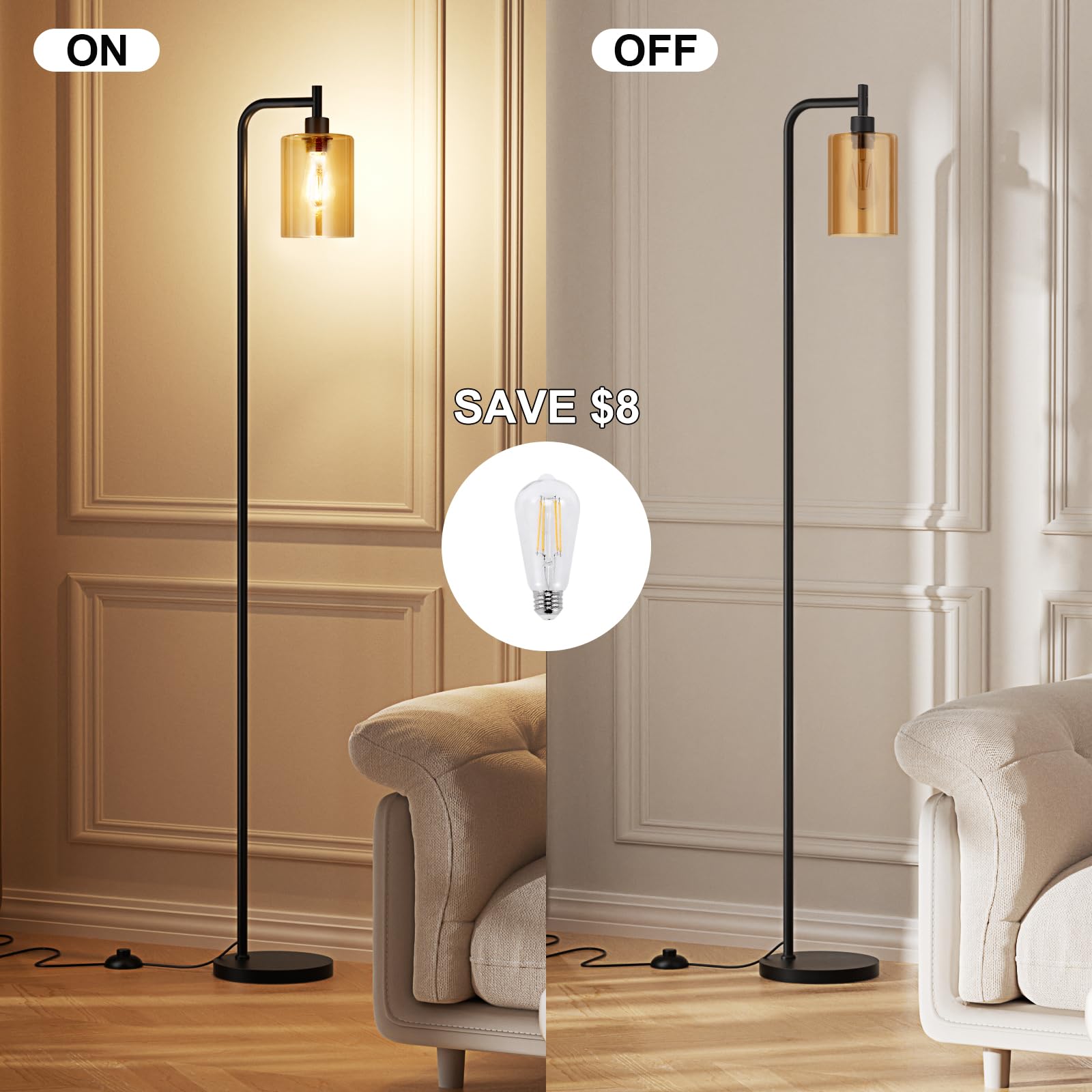 Ziisee Floor Lamps For Living Room - Standing Lamp With Amber Glass Shade, Modern Floor Lamp With Led Bulbs, Industrial Floor Lamp For Bedroom, Black Tall Lamp For Office(Light Bulb Included)