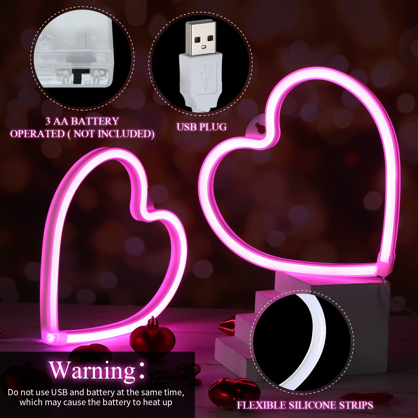 Tarpop LED Neon Heart Lights - 2 Pcs Pink Heart Decor, Battery Operated/USB Powered, Acrylic, Valentines Day Decoration