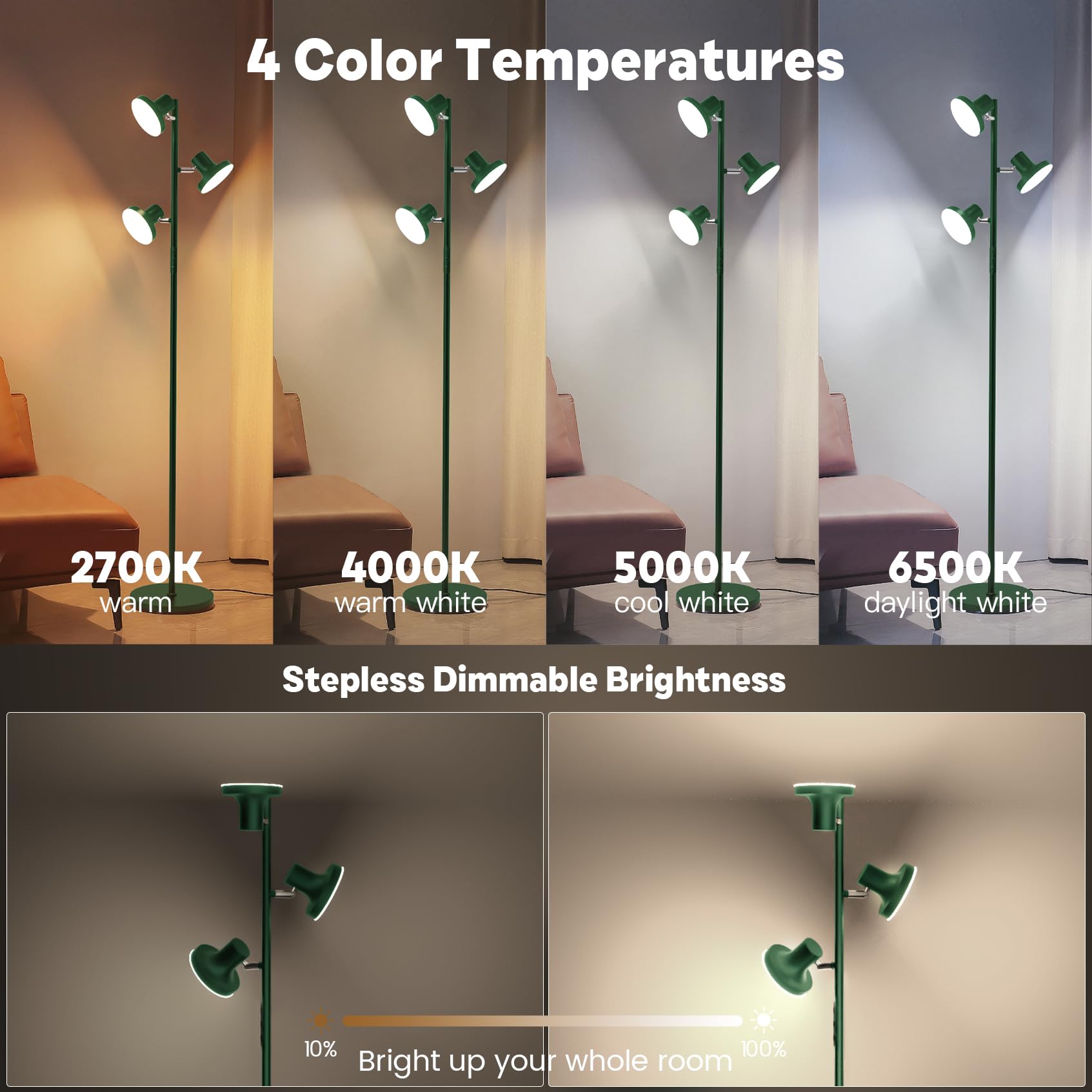 SIBRILLE 36W LED Tree Floor Lamp, Dimmable with Remote & Touch Control, Green, Model FLH-036-F1, 4 Color Temperatures, Ideal for Living Room