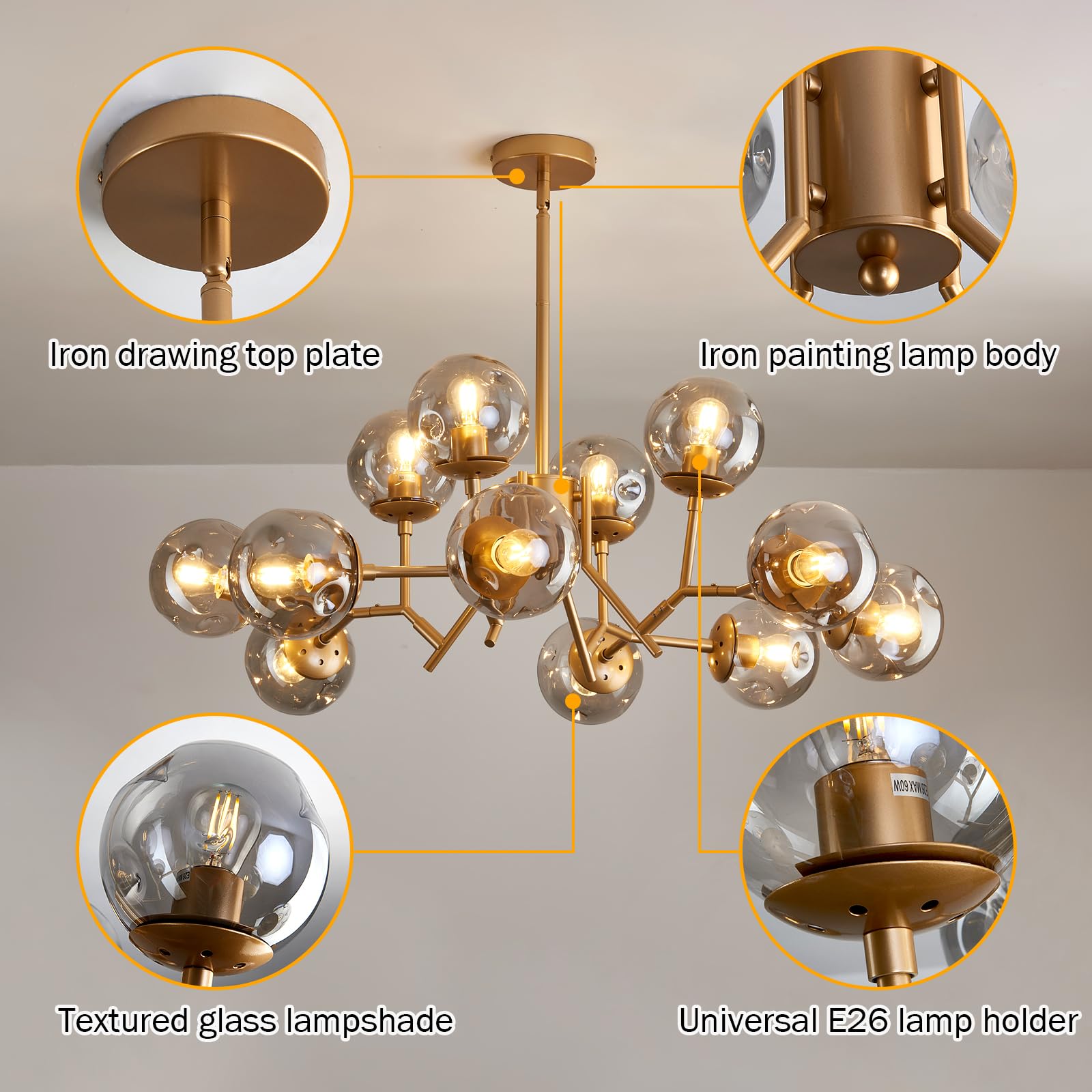 UOFUS 12-Light Glass Globe Sputnik Chandelier, Mid-Century Modern, Matte Gold, D-2155, Vintage Pendant Light for Living Room & Dining Room