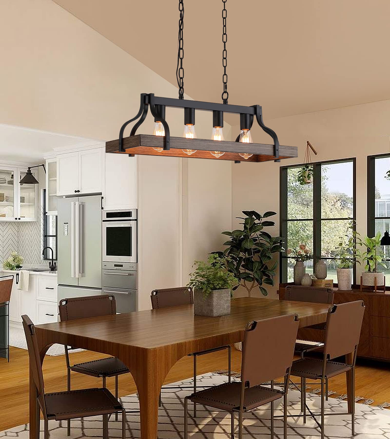 Meixisue Rustic Kitchen Island Dining Room Light Fixture Farmhouse Linear Chandelier Black And Retro Wood Finish 4-Light Industrial Metal Hanging Pendant Light Ul Listed L28.3 W10.6